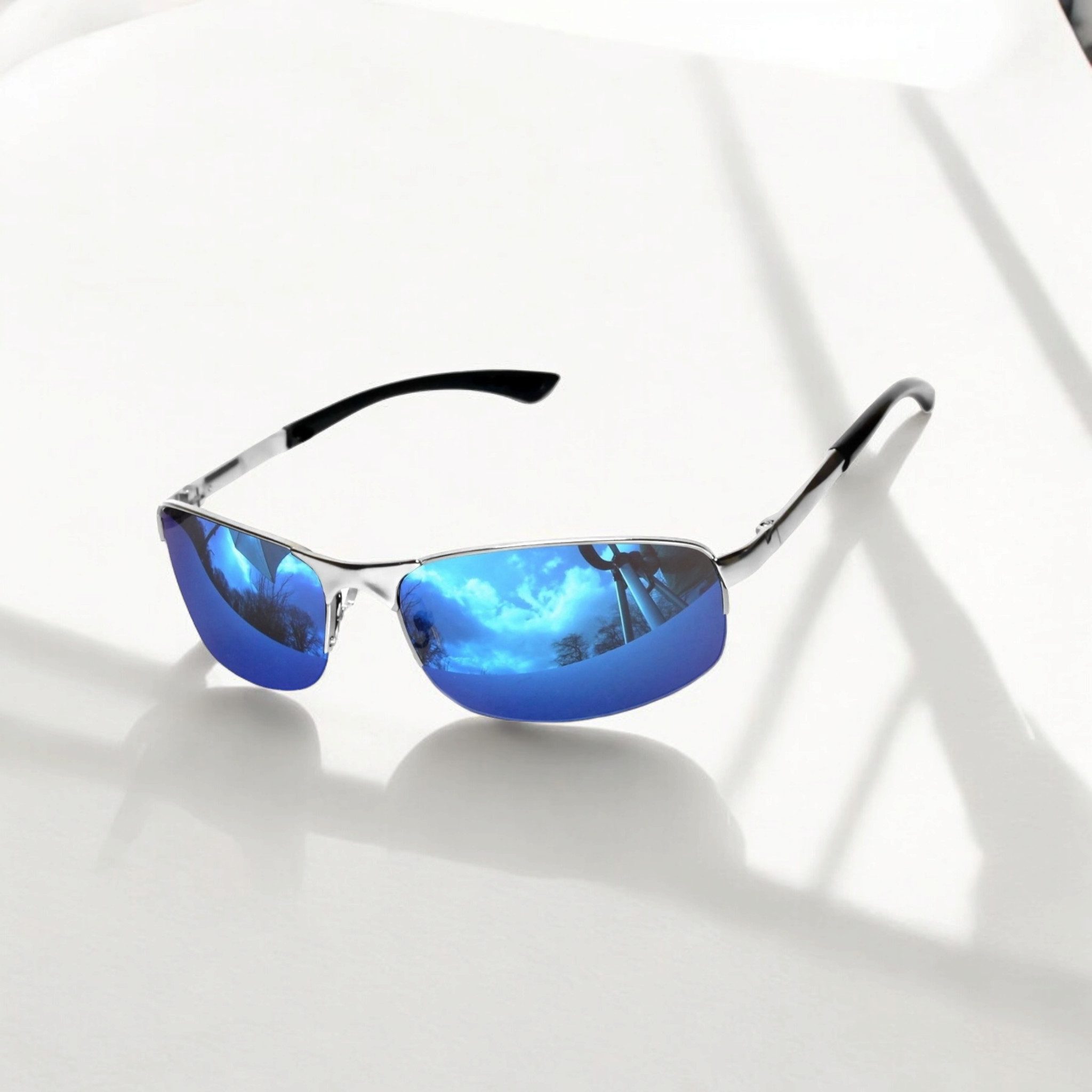 Rennec Sonnenbrille (Markenbrille mit Brillenbox und Brillenbeutel, schmale Metall Sonnenbrille Edelstahl mit Federscharniere) Halbrand Brille mit Federgelenke  – Bild 5 von 5