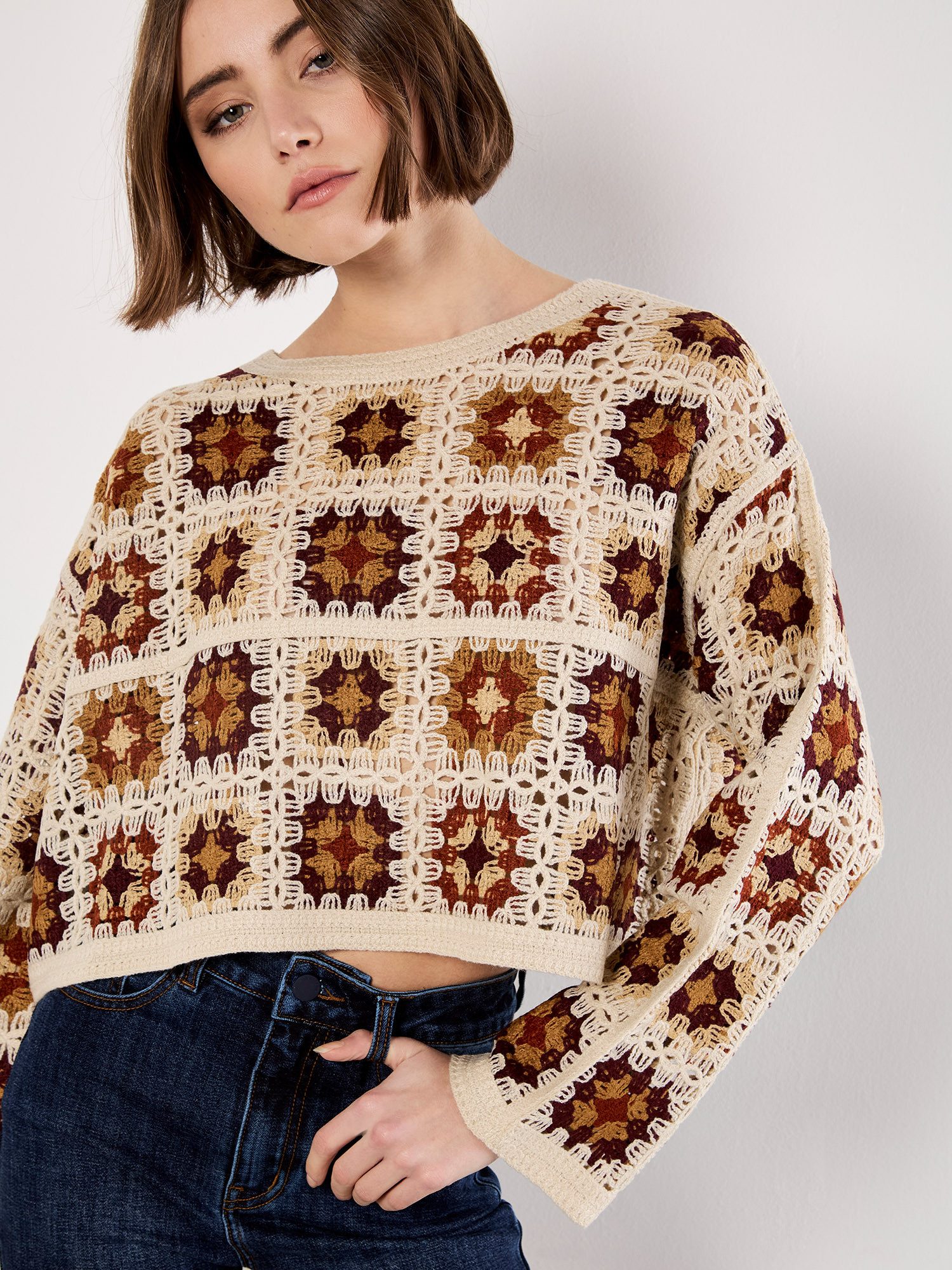 Apricot Strickpullover Häkelpullover (1-tlg) mit quadratischem Muster günstig online kaufen