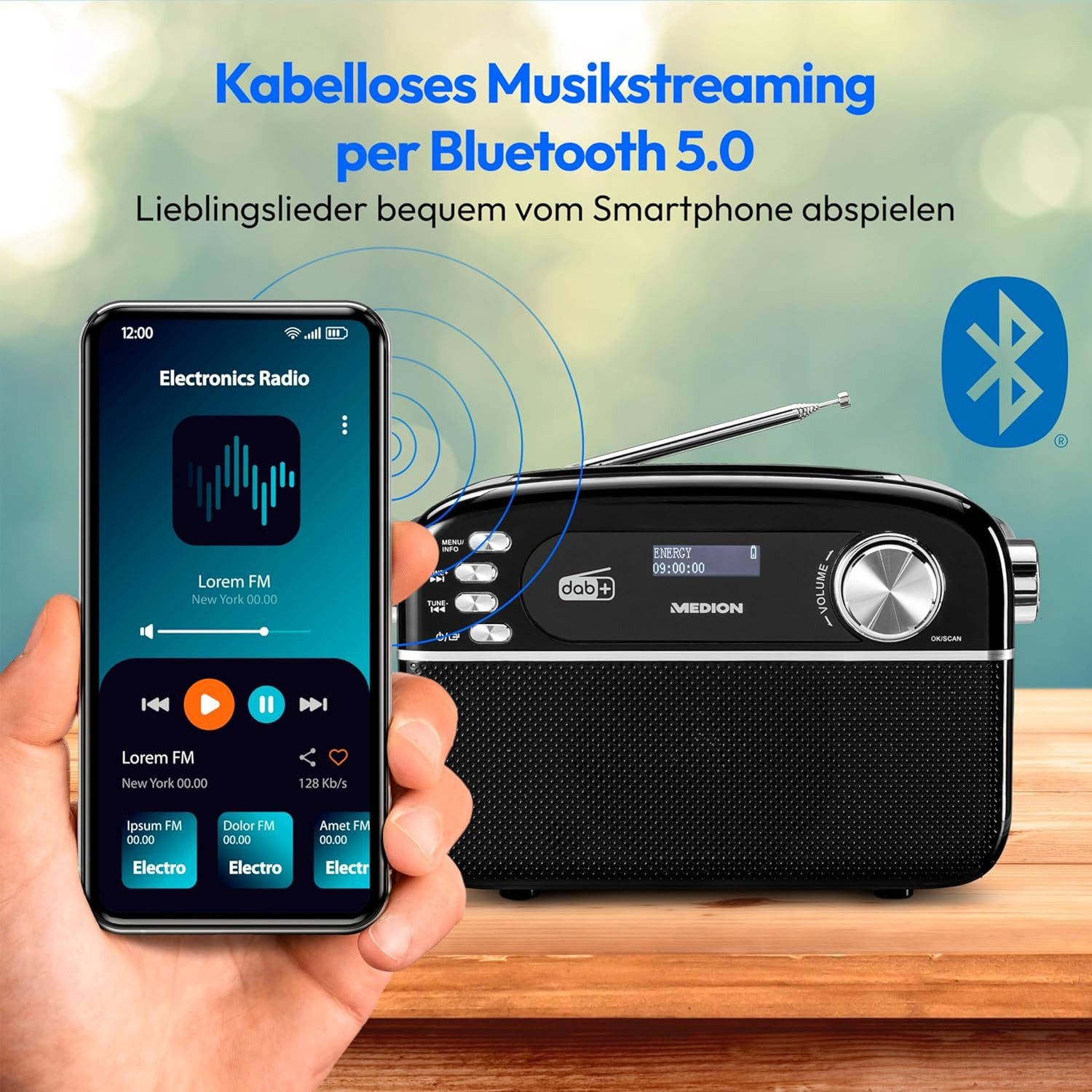 Medion® MEDION LIFE MD43809 E66809 Retro-Radio DAB+ Bluetooth Solarpanel Retro-Radio (Digitalradio (DAB), FM-Radio, MW/UKW Radio, AUX-Eingang, FM-Radio, Bluetooth, DAB+, MW/UKW Radio, Tragbar)