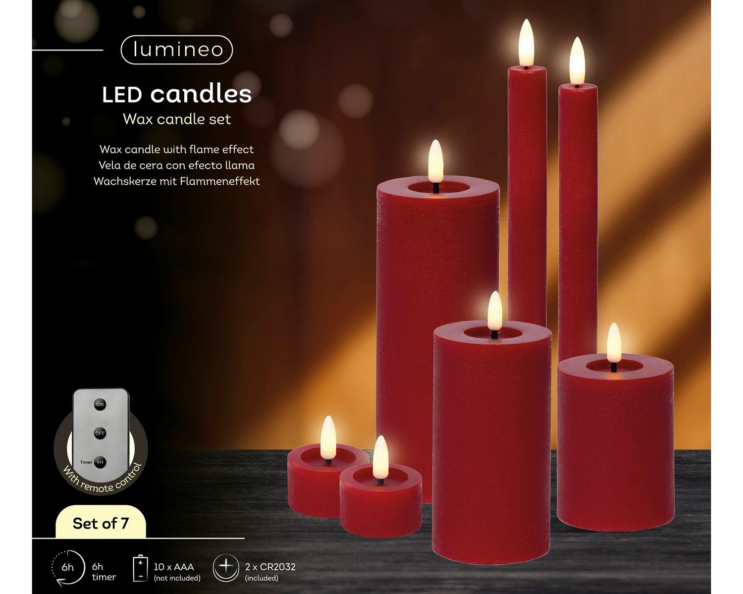 Lumineo LED-Christbaumkerzen Lumineo LED Wachskerzen 7er-Set Rot, batteriebetrieben, 6h-Timer, Indoor, Flacker-Effekt, 2x AAA Batterien, mit Fernbedienung