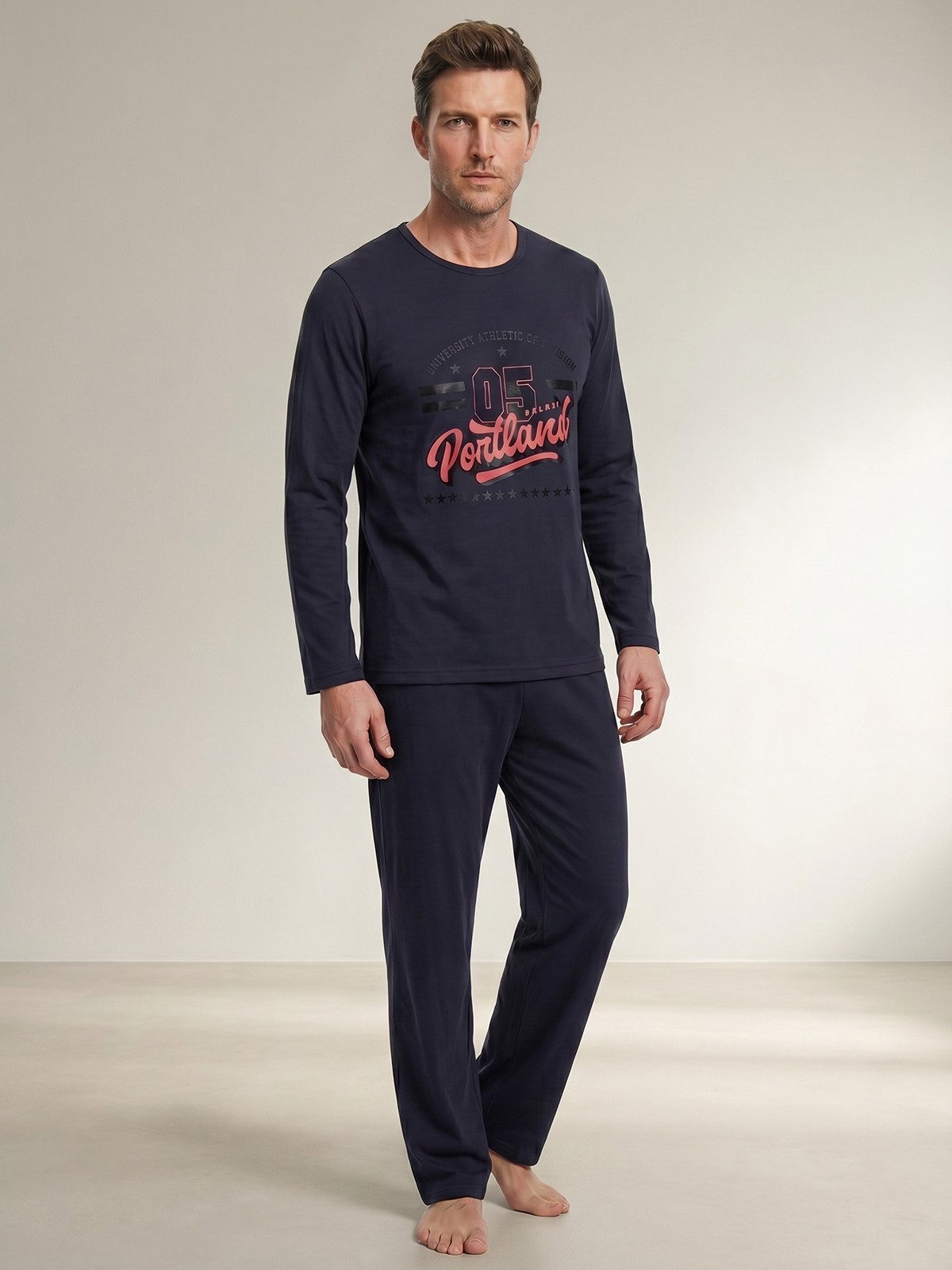 Henry Terre Pyjama Langarm - Mit Aufdruck T-Shirt Style komfortabler Schnitt ohne Knöpfe