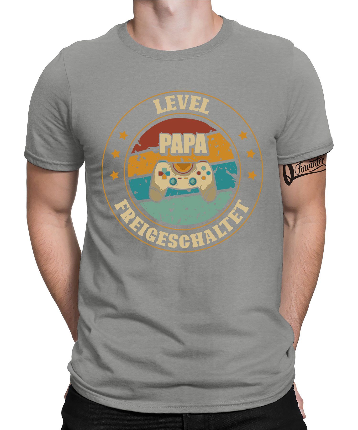 Quattro Formatee Kurzarmshirt Level Papa Freigeschaltet - Vatertag Vater Herren T-Shirt (1-tlg) Heather Grau