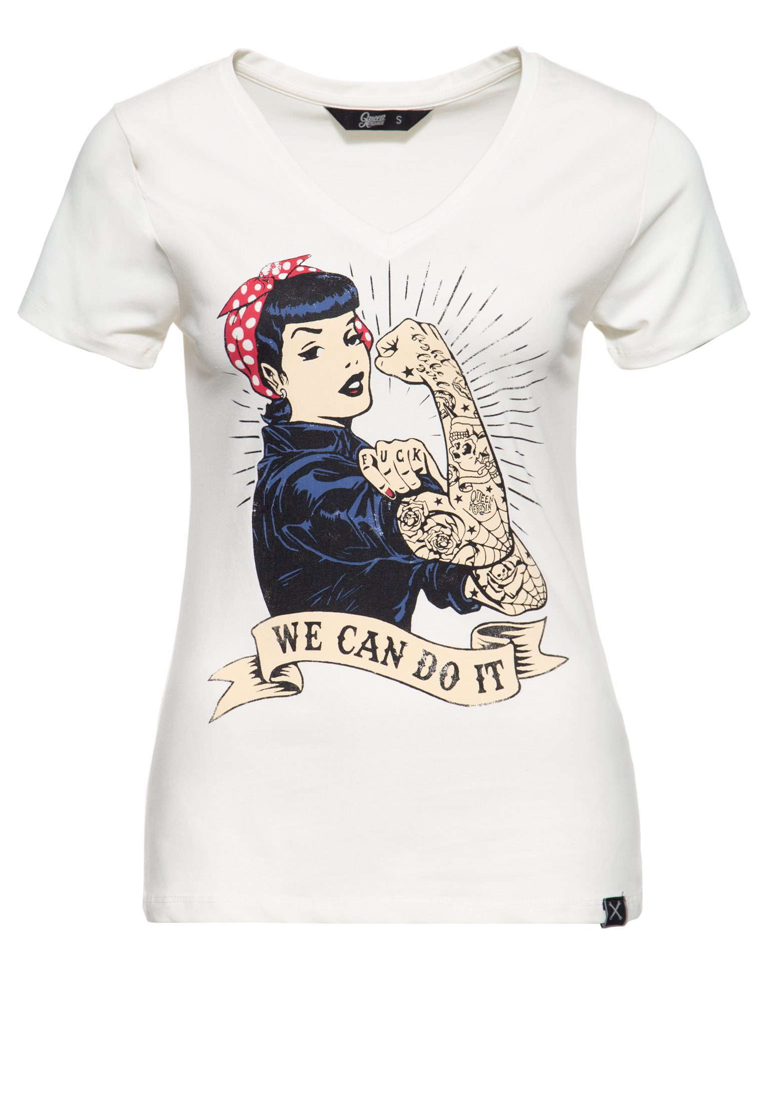 QueenKerosin Kurzarmshirt We can do it mit großem Vintage Druck vorne