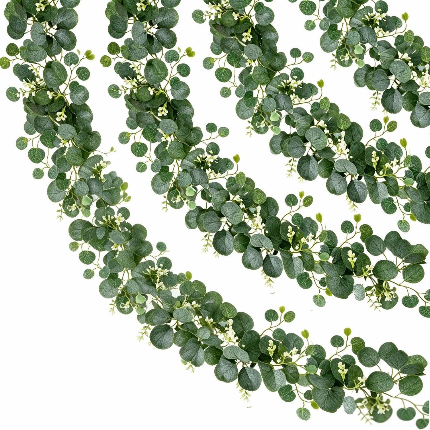 Kunstgirlande Eukalyptus Girlande Grün mit Weißen Blumen 4 Stück, LuxusKollektion, Höhe 1 cm
