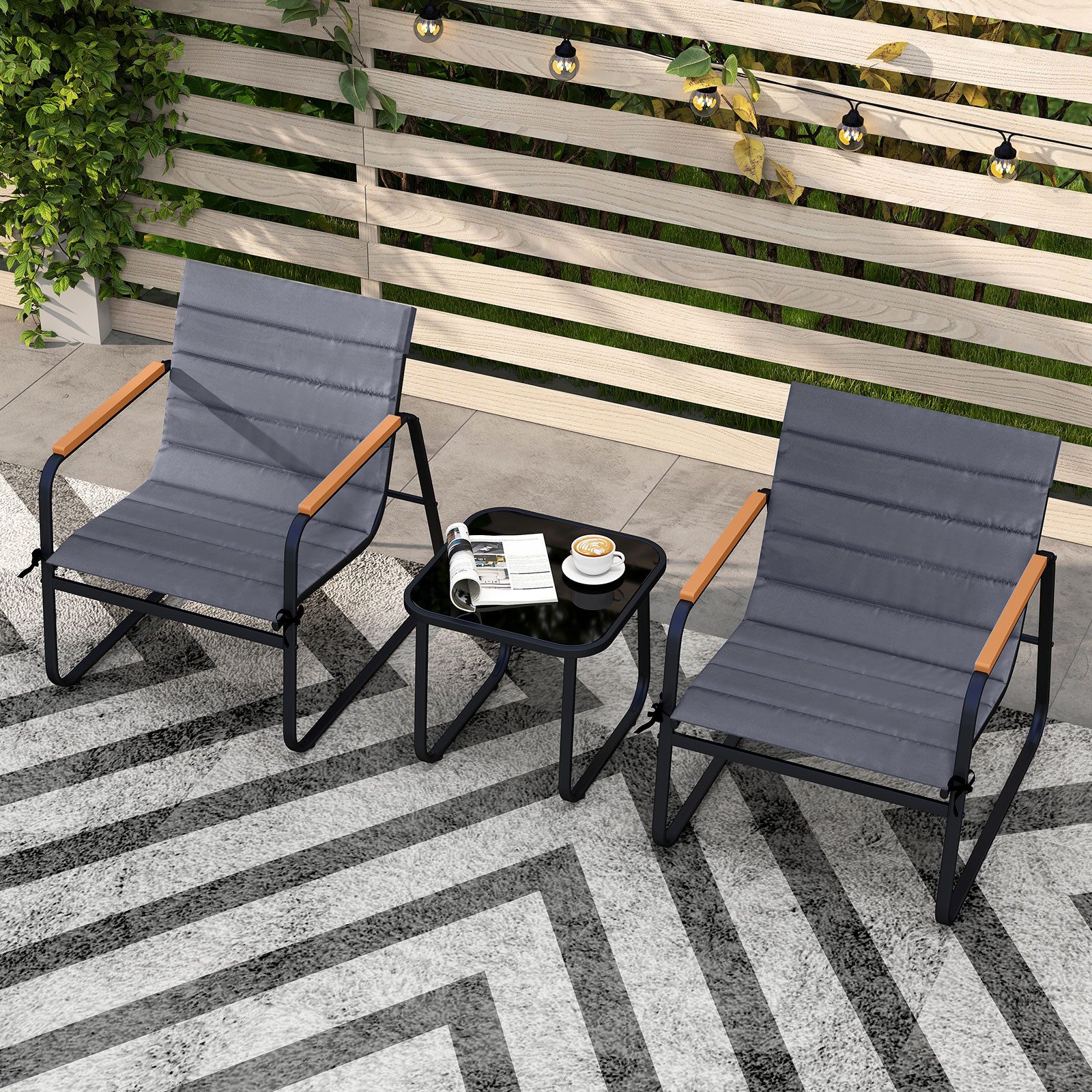 COSTWAY Balkonset, (3-tlg), Bistro-Set, 2 Schaukelstühlen mit Kissen, Tisch