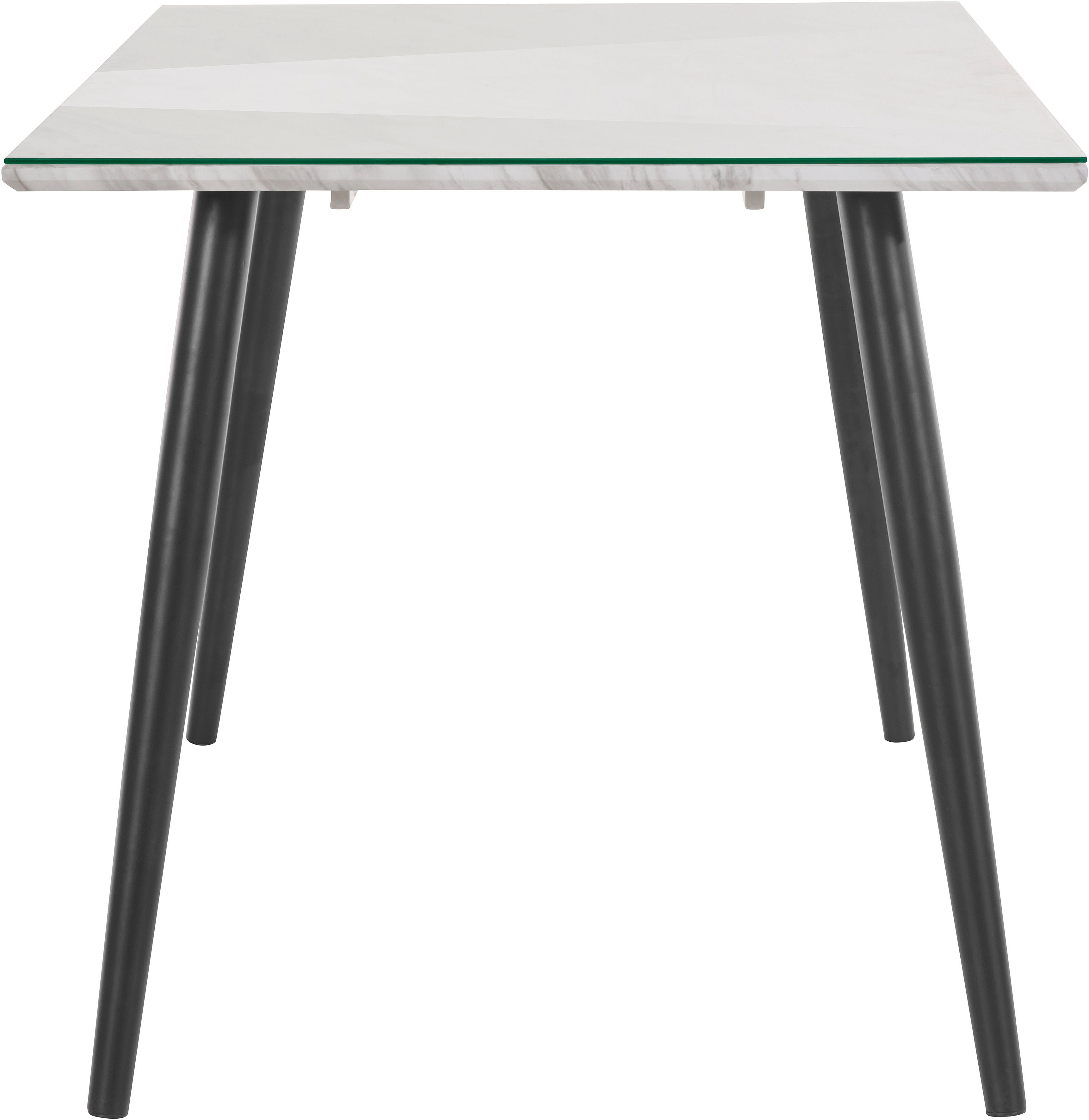Leonique Esstisch »Lovaria«, Tischplatte in einer pflegeleichten Marmoroptik, mit einer Glasplatte aus Sicherheitsglas, schwarzes Metallgestell, Höhe 75 cm-kaufen