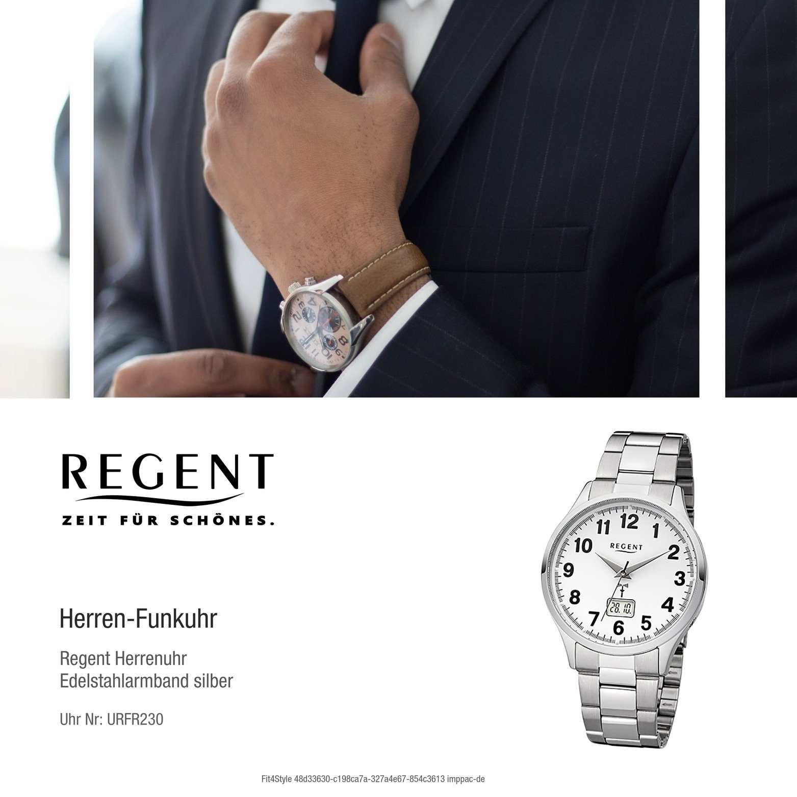Regent Funkuhr Regent Elegant-Style Edelstahlarmband, Herrenuhr Herrenuhr Funkuhr, Gehäuse (ca Edelstahl 40mm), FR230 rundes