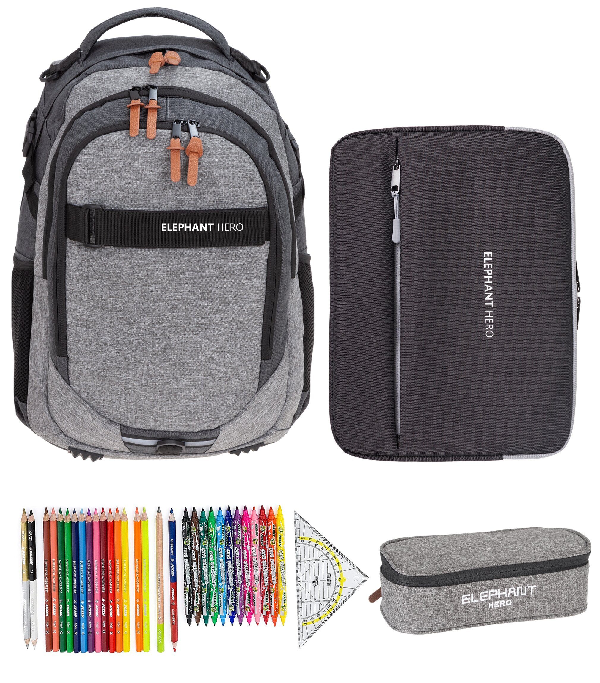 ELEPHANT Schulrucksack Hero Signature Schultasche Digital Ready Set (4 Teile Schulrucksackset, 4-tlg., inkl. Mäppchen Box + Laptop Hülle Sleeve + 31 Teile Stifte), Rucksack Schulmappe Jungen Mädchen +rmlv