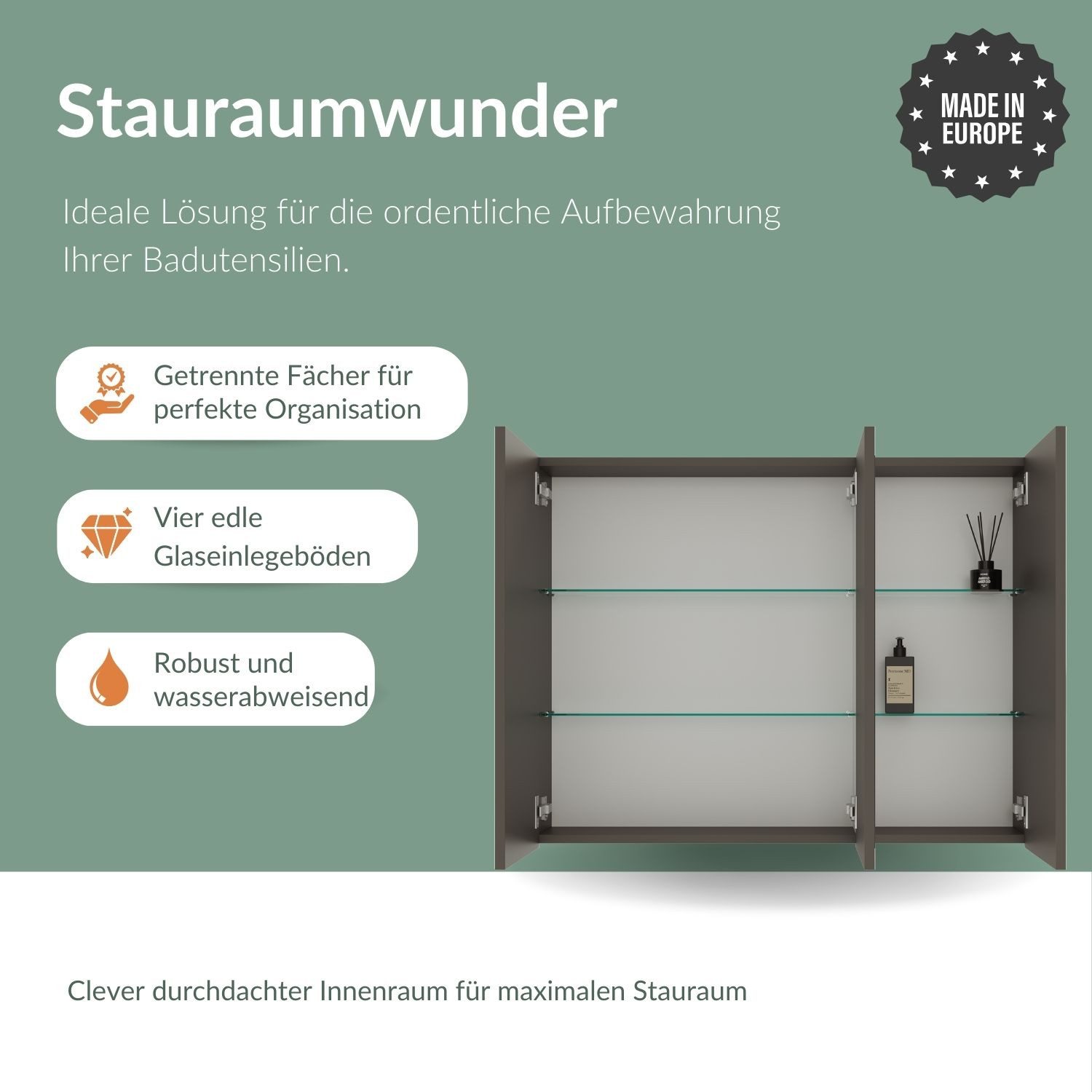 Planetmöbel Spiegelschrank Spiegelschrank ARIA (Spiegelschrank Bad 90 cm mit Beleuchtung und Steckdose, Badspiegelschrank 2-türig) anthrazit