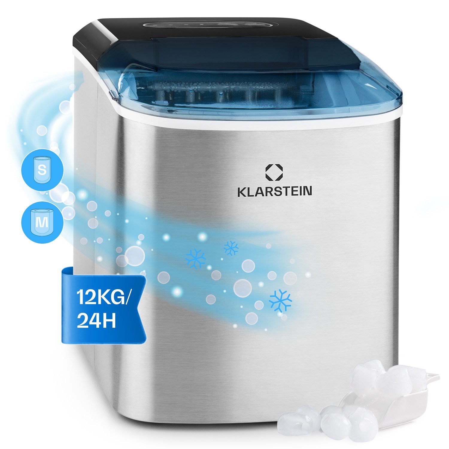 Klarstein Eiswürfelmaschine On-The-Rocks Eiswürfelbereiter, Edelstahl Bulleteis für Zuhause 12kg/Tag LED 2,1 L Eiswürfelgerät