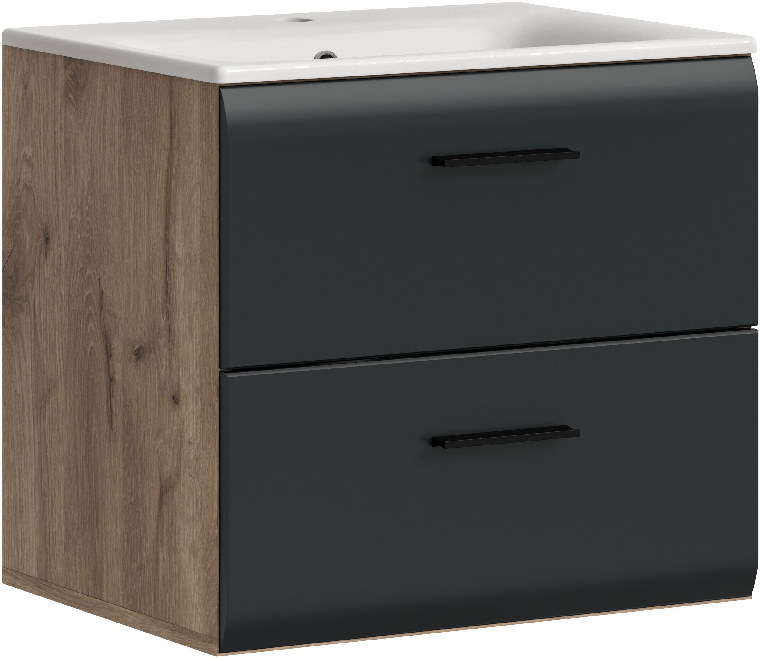 welltime Waschbeckenunterschrank FLORENZ, Breite 60 cm, inkl. Waschbecken, hängende Montage (2-St., TOPSELLER) hochwertige MDF Front, Griff schwarz, Badschrank, Bad