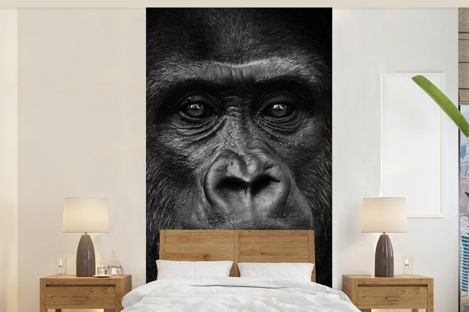 MuchoWow Fototapete Gorilla - Schwarz - Weiß - Tiere - Porträt, Matt, bedruckt, (2 St), Vliestapete für Wohnzimmer Schlafzimmer Küche, Fototapete
