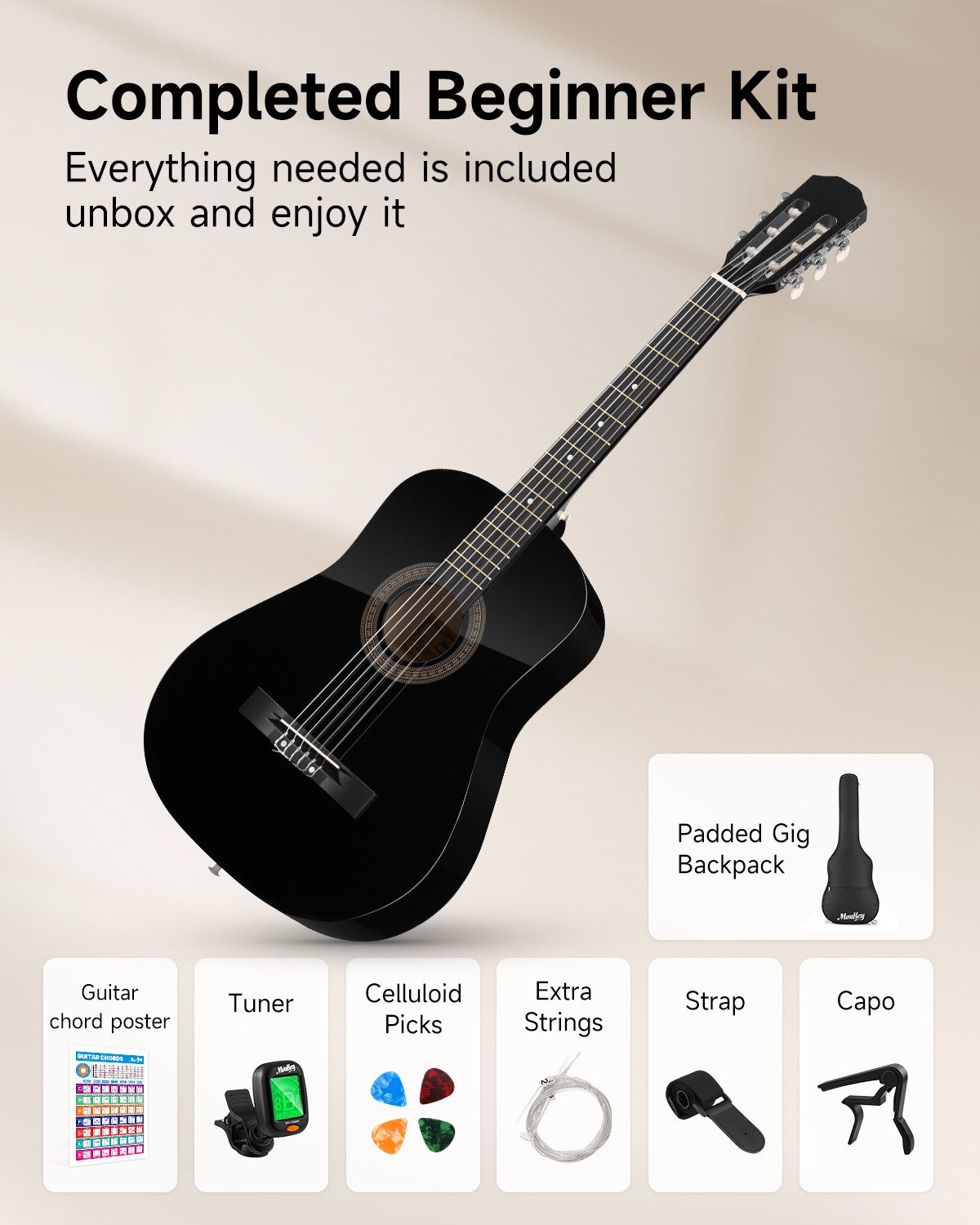 Moukey Akustikgitarre Kinder Gitarre 38" Set mit Tasche, Gurt, Stimmgerät, Linde, Komplettes Zubehör, Gitarrentasche Stimmgerät Gurt Ersatzsaiten, für Anfänger  – Bild 4 von 5