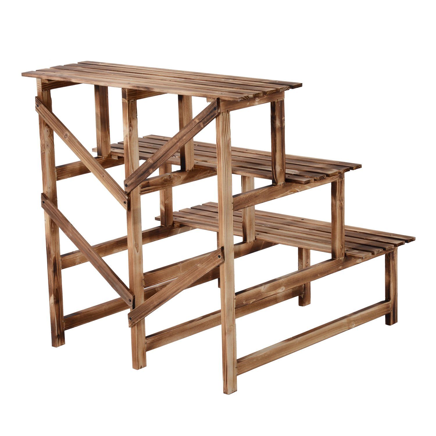 Outsunny Pflanzentreppe Pflanzrega,l Blumenbank, Ständer 3 Stufen (Blumentreppe, 1 St., Pflanzentreppe), für Garten, Balkon, Verkohlt