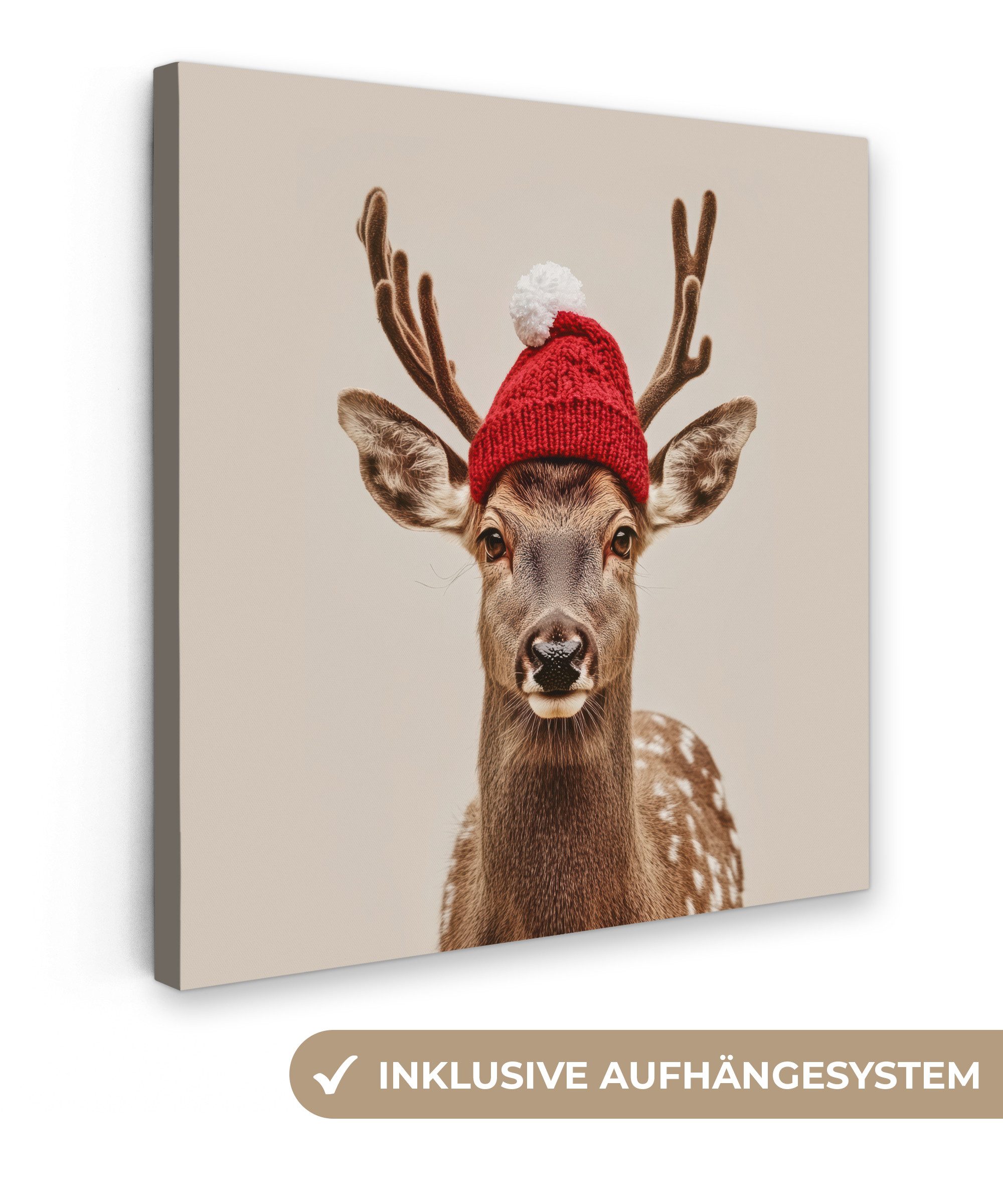 OneMillionCanvasses® Leinwandbild Hirsch - Weihnachten - Hut - Tiere - Winter - Lustig, Fotodruck (1 St), Wandbild, Deko Schlafzimmer Wohnzimmer Flur 20x20 cm