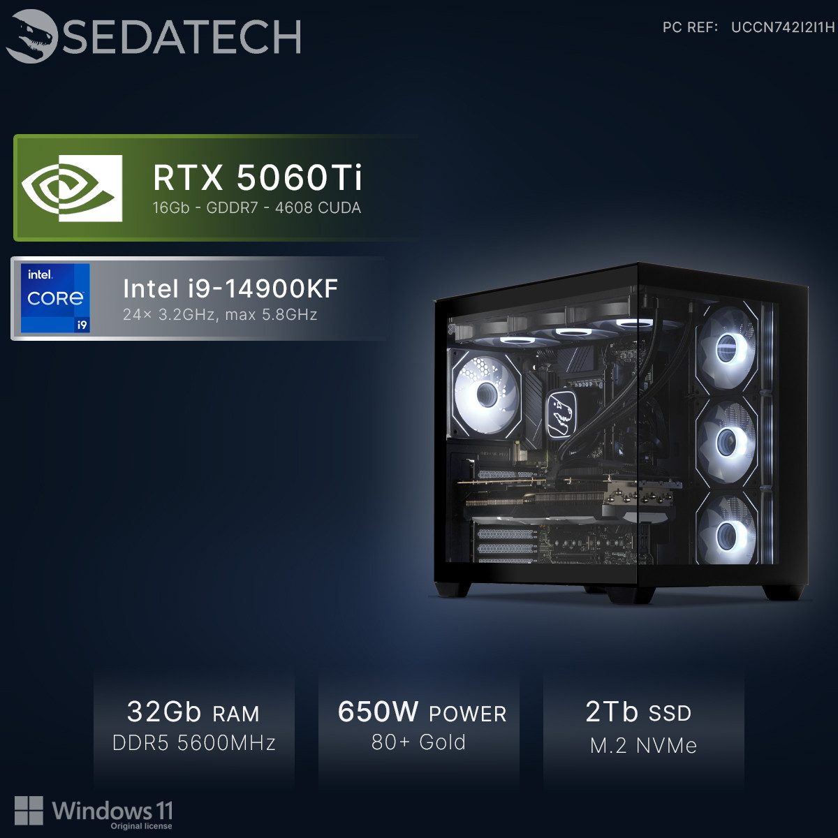 Sedatech UCCN742I2I1HF - Watercooling Gaming-PC (Intel Core i9 14900KF 24x 3.2GHz (max 5.8GHz), Geforce RTX5060Ti (16G) 16GB, 32 GB RAM, 2000 GB SSD, Watercooling, Wlan 6E)