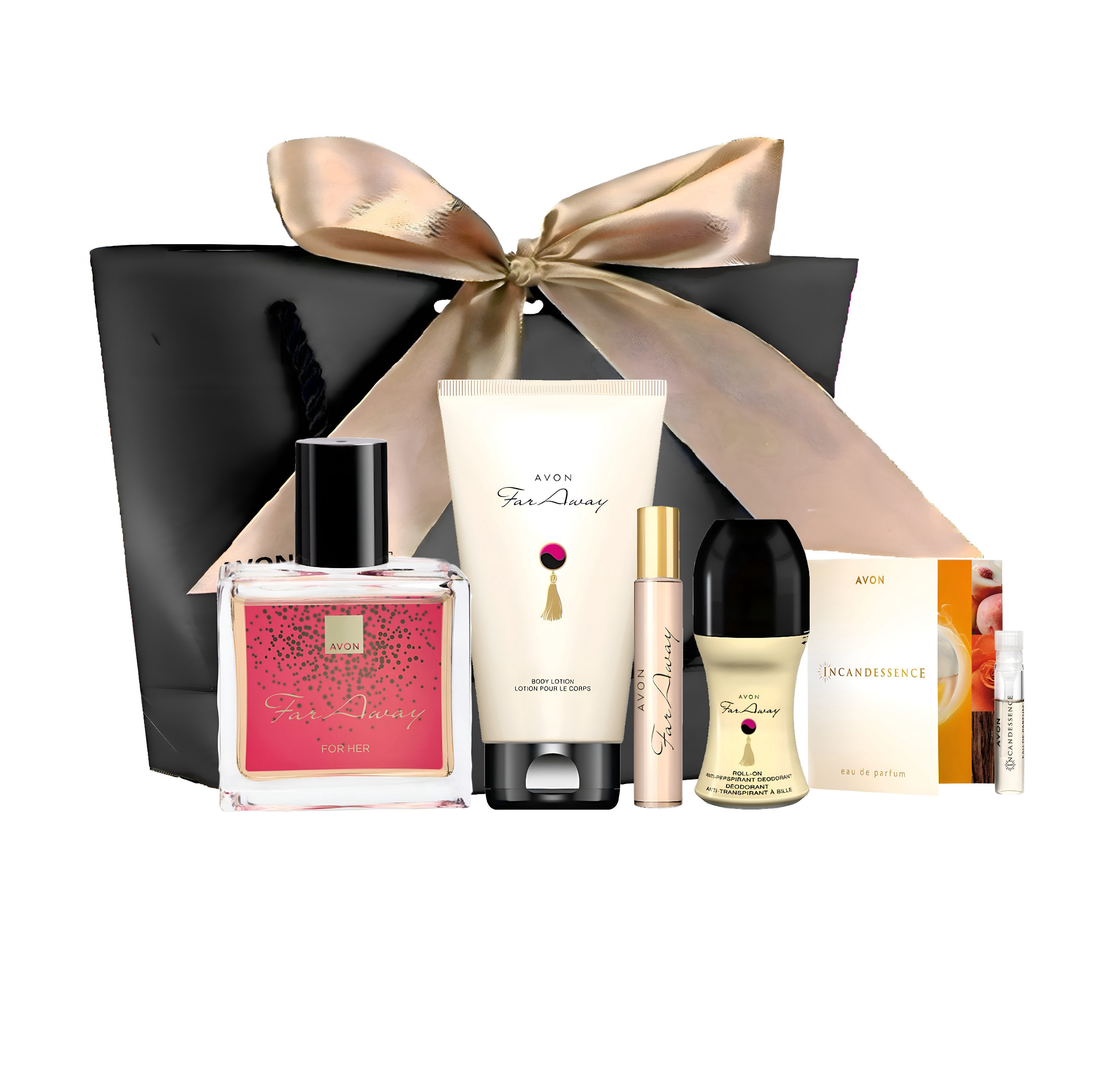 AVON Cosmetics Eau de Parfum FAR AWAY 30ml, Taschenspray 10ml, Körperlotion 125ml, Deoroller, 6-tlg., Lang anhaltender Duft, praktische Reiseformate, vegane Formulierung.