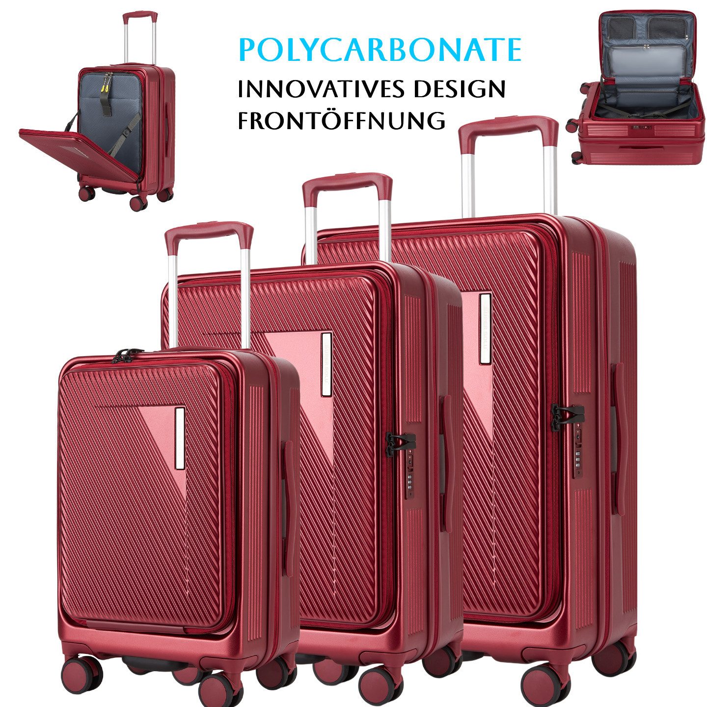 Super Solu Hartschalen-Trolley Erweiterbarer Reisekoffer mit Frontöffnung, Hartschalenkoffer 100% PC, 4 Rollen, Koffer Set 3-tlg. 20+24+28 Zoll, Stoßfester, TSA, Rot