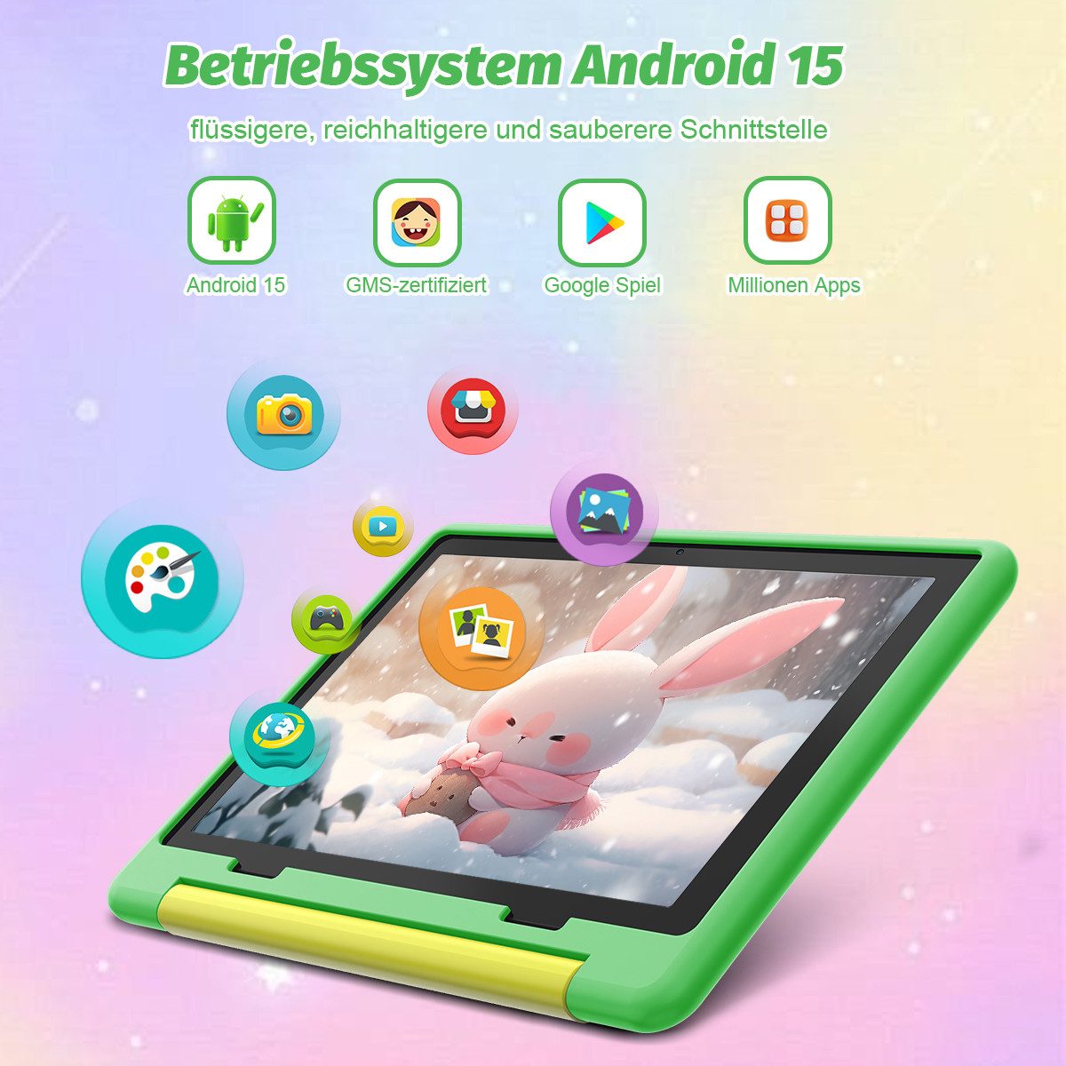 BUFO 10 Zoll 24(3+21)GB RAM+64GB ROM 1280x800 HD-Display Android16 Kinder Tablet (10,1", 64 GB, Android 16, WIFI, Anti-Blaulicht, Vorinstallierte Kinder Lernsoftware, Robustes Design)