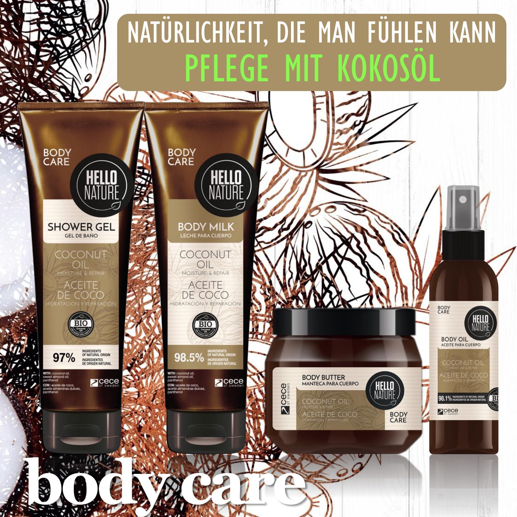Hello Nature Hautpflege-Set Kokosnussöl Körperpflege Set Duschgel Body Butter Milk Öl BIO Set, Körperpflege Set, Hautpflege, Hello Nature