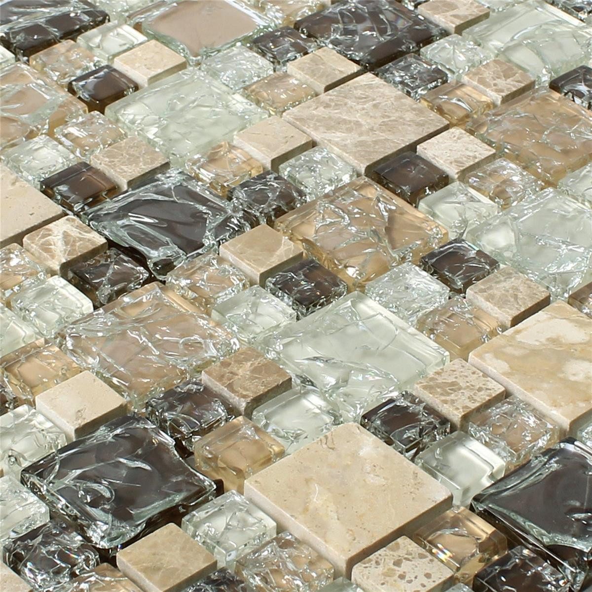 Mosafil Mosaikfliesen Glas Marmor Mosaikfliesen Malawi Bruchglas 2 Mix, Naturstein-Glas-Marmor 30.500x30.500, beige-braun, Verlegefertig auf ein Netz geklebt - Frostsicher - Wasserfest