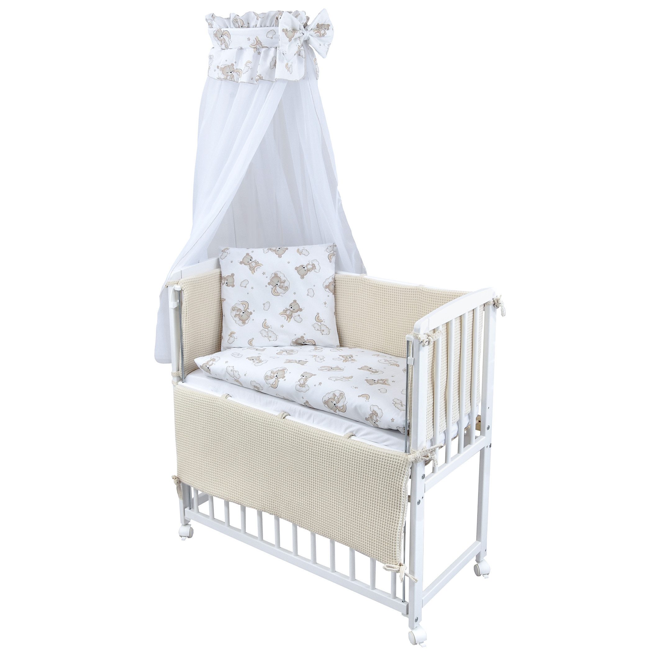 Beistellbett Babybett Waffelpique Bärchen Beige