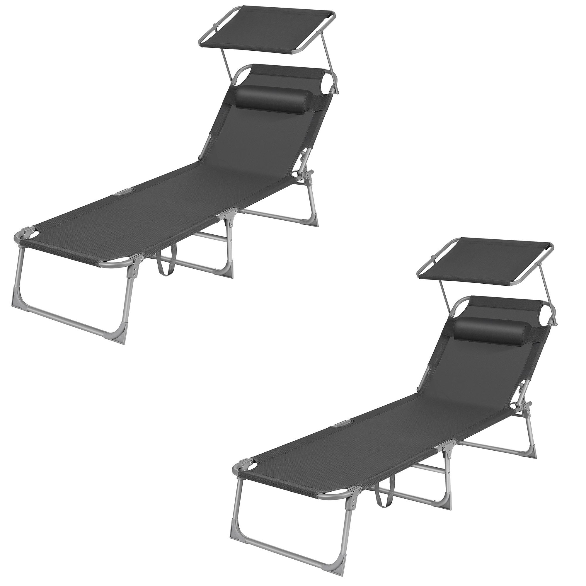 SONGMICS Gartenliege Sonnenliege, klappbarer Liegestuhl, für Garten, Pool, Terrasse, 2 St., bis 150 kg belastbar, 193 x 53 x 29 cm, Sonnenschutz, Kopfstütze, verstellbare Rückenlehne