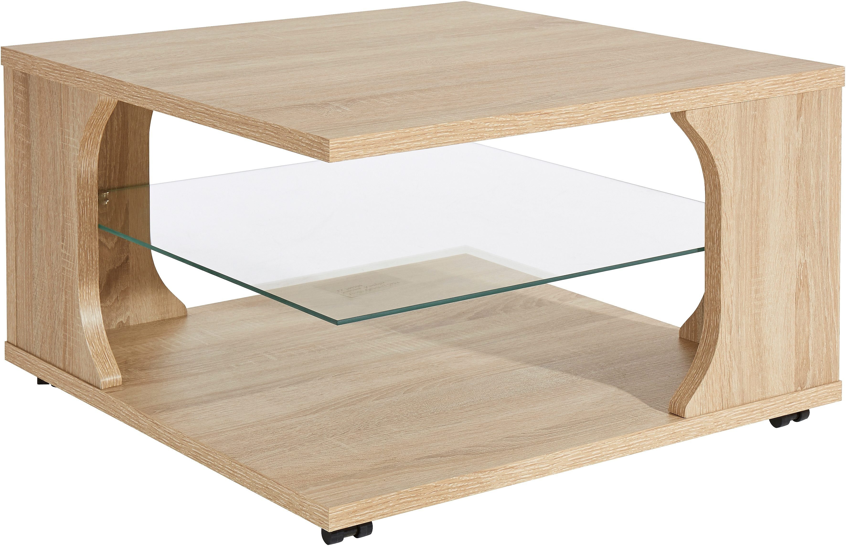 PRO eiche Rollen, Glas, mit Line Ablageboden Holz, sonoma aus quadratisch aus Couchtisch,