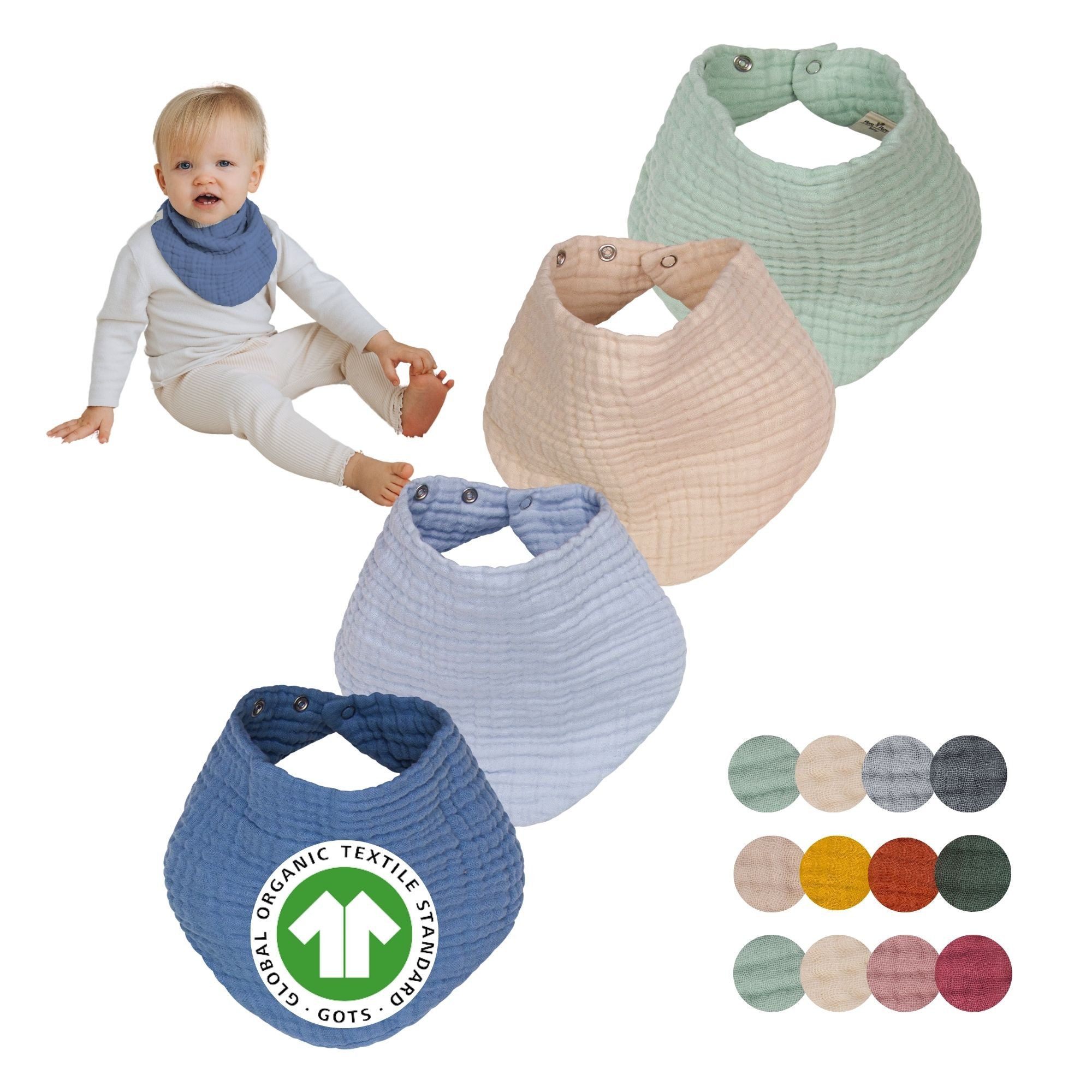 furora BABY Dreieckstuch Halstuch Baby (Set 4 Stück): weiche Bio-Musselin Baumwolle, Lätzchen, Sehr weich, Druckknöpfe für 3 Größen