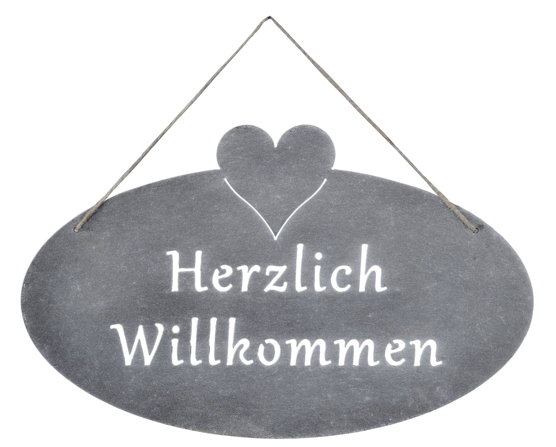 Levandeo® Metallbild, Schild Willkommen Herz 40x25cm Eisen Garten-Deko Grau Türschild
