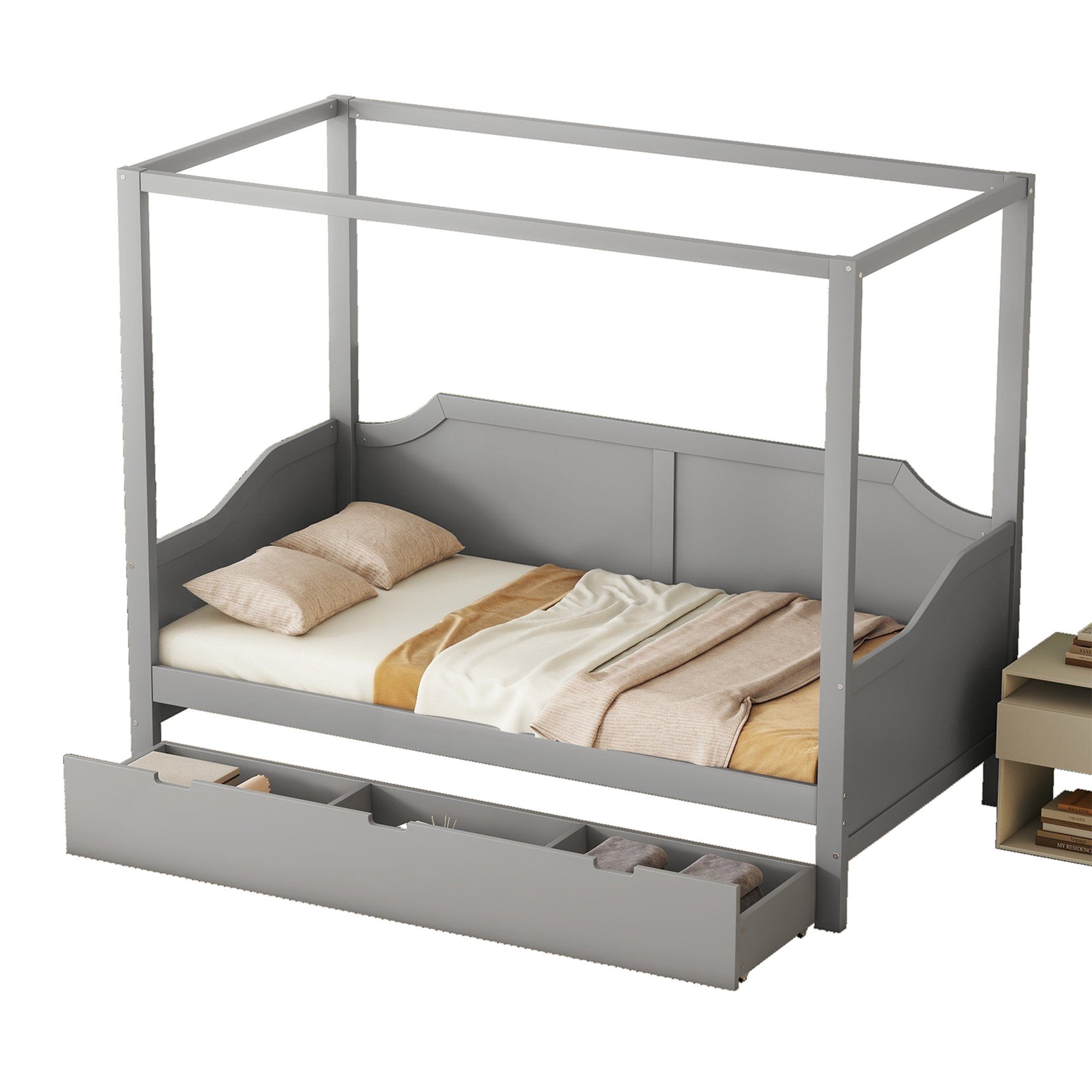 Himmelbett Merax cm mit Grau Holzbett, Schublade, mit 90x200 Lattenrost, Tagesbett