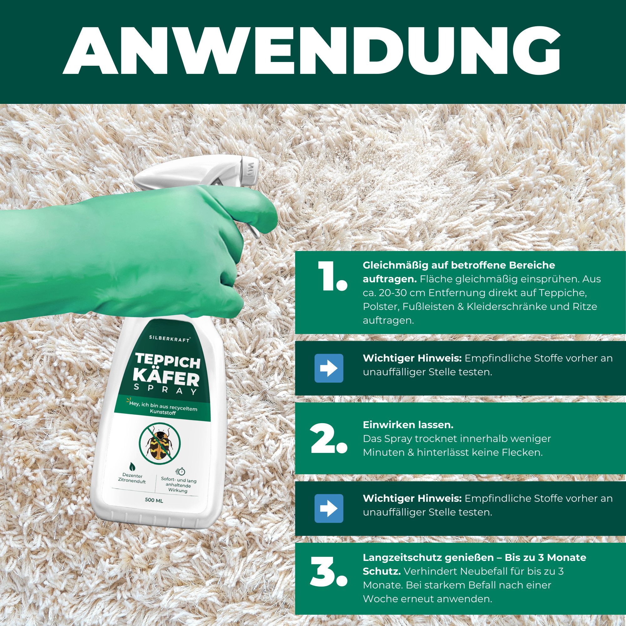 Silberkraft Insektenspray Teppichkäfer Spray- Teppichkäfer bekämpfen- Ungezieferspray, 500 ml, Effektive Abwehr von Teppichkäfern & Larven mit Repellent-Wirkung – Bild 5 von 5