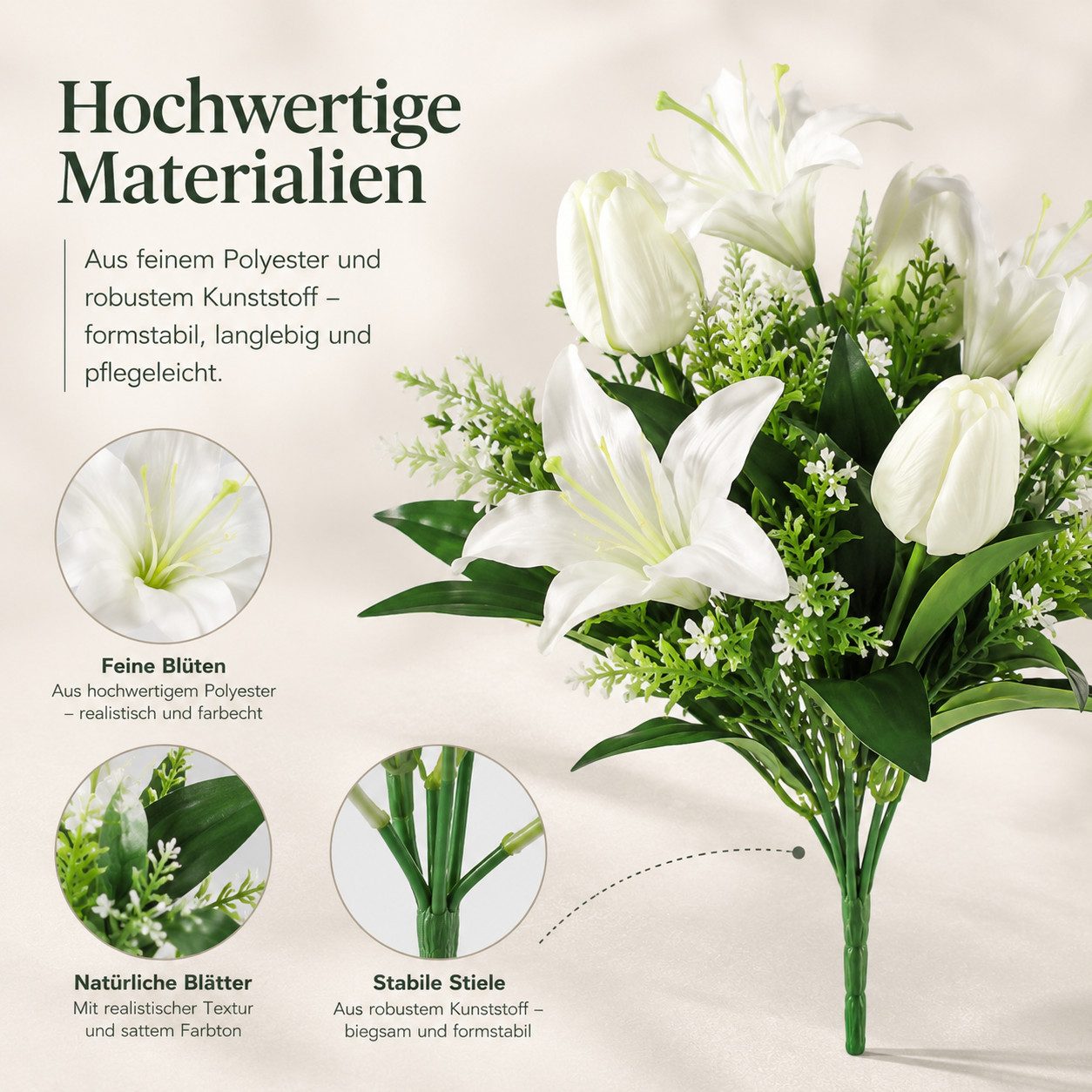 Kunstblumenstrauß Kunstblumen Strauß Weiß 2er Pack, Künstliche Lilien & Tulpen 45 cm Dekoblumen Blumenstrauß mit grünen Blättern, Fyrove, pflegeleichte Tischdek – Bild 3 von 5