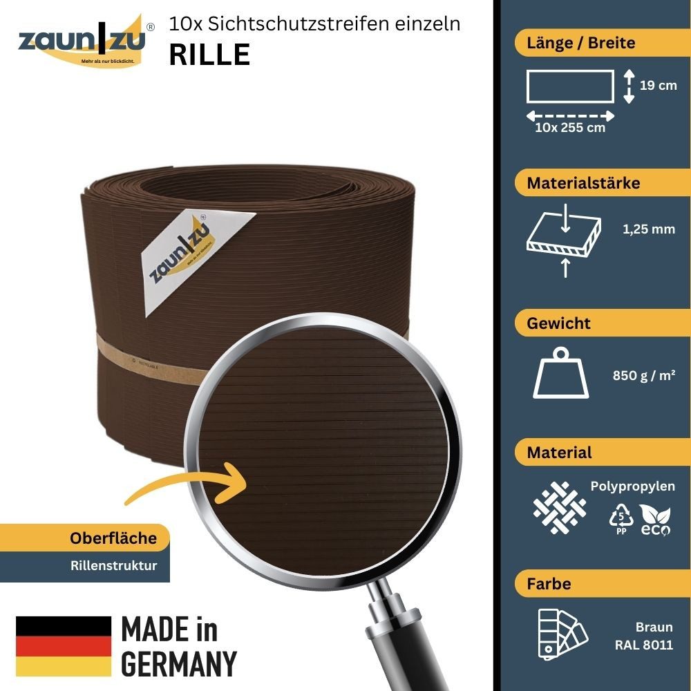 zaunzu Sichtschutzstreifen Rille 10x Einzelstreifen 2,55m günstig online kaufen