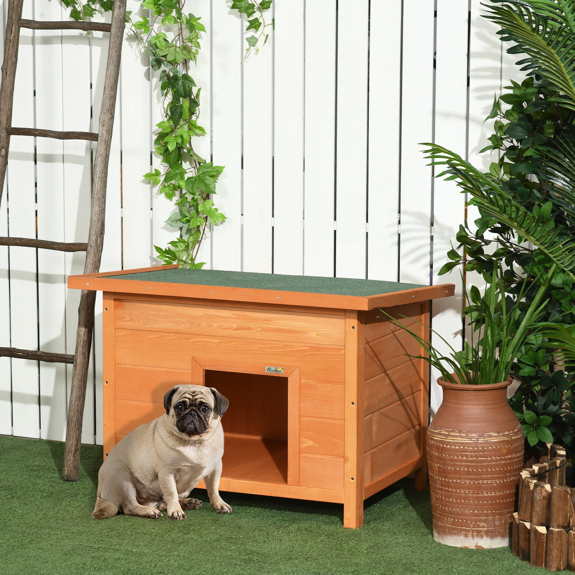 PawHut Hundehütte Outdoor Hundehaus mit aufklappbar Asphaltdach wasserdichte Hundehöhle, für Garten, Balkon, Gelb