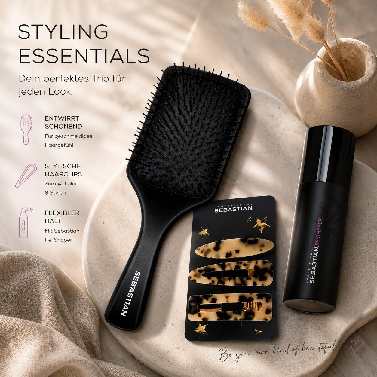Sebastian Professional Haarbürsten-Set Styling Essentials Trio - Paddlebürste, Spangen & Haarspray, 3-tlg.