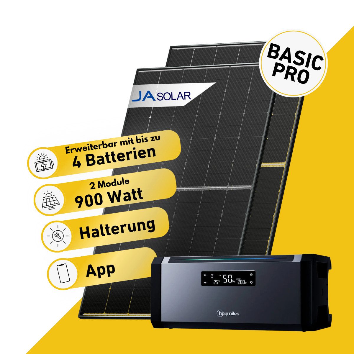 Balkonstrom Balkonkraftwerk Basic Pro 900W Solaranlage mit Speicher Komplettset Bifazial, 900 W, Monokristallin, (2x JA Solarmodul á 450 Watt, 1x Hoymiles HiBattery 1920 AC, 1-4 Zusatzspeicher Hoymiles HiBattery), Halterung für Dach, Fassade, Balkon & Garten, App & Plug&Play DE