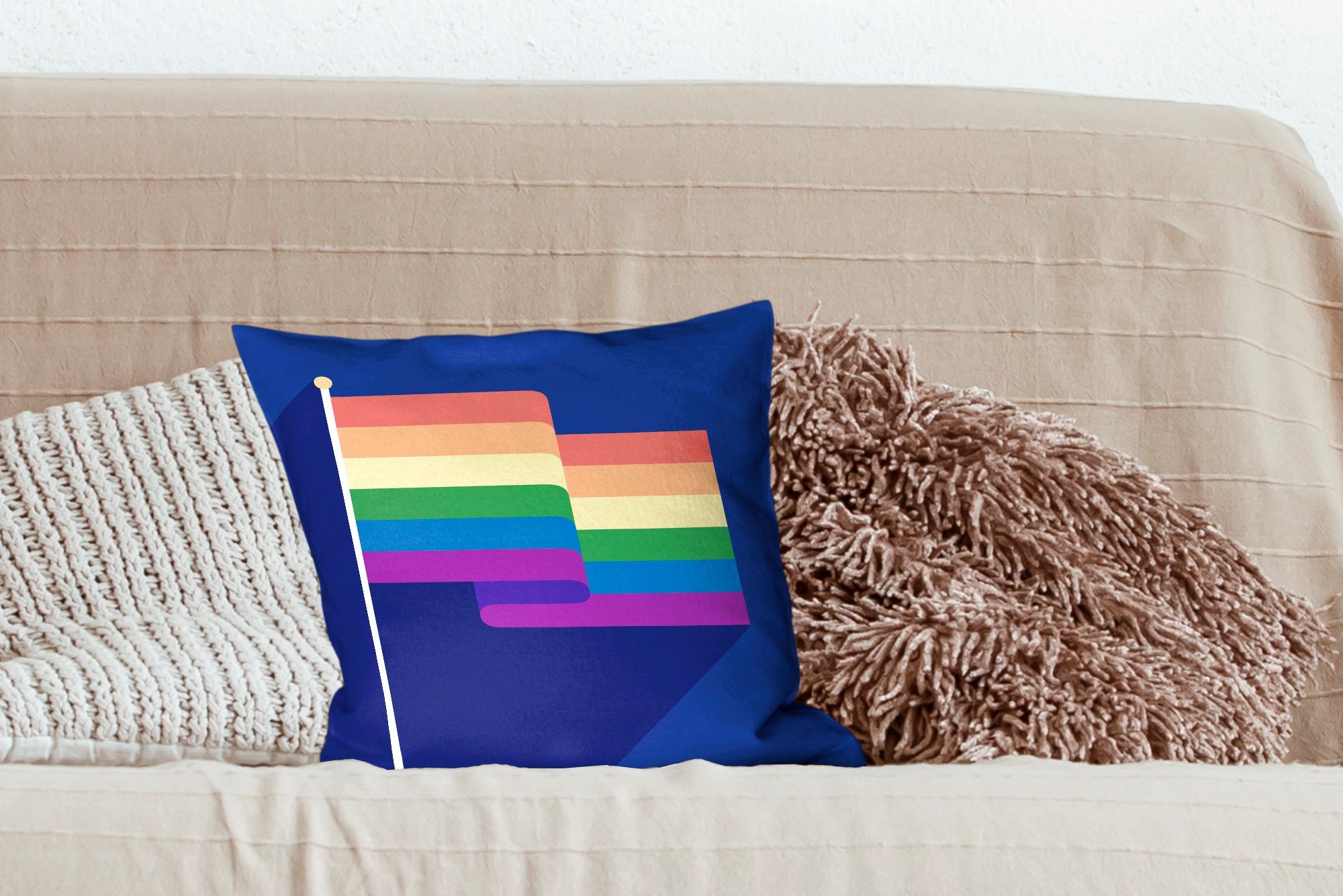 Illustration Zierkissen den einer des mit Dekokissen Sofakissen Flagge Schlafzimmer, in Wohzimmer, Regenbogens, Deko, Farben MuchoWow Füllung für