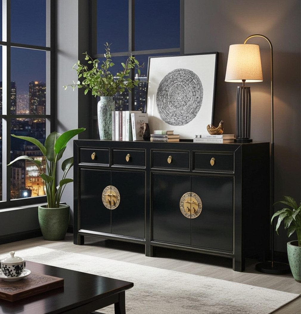 OPIUM OUTLET Sideboard Kommode Schrank Hochzeitsschrank Asia Möbel (Breite x Tiefe x Höhe: 150 cm x 40 cm x 85 cm, komplett montiert, schwarz), chinesisch asiatisch orientalisch vintage