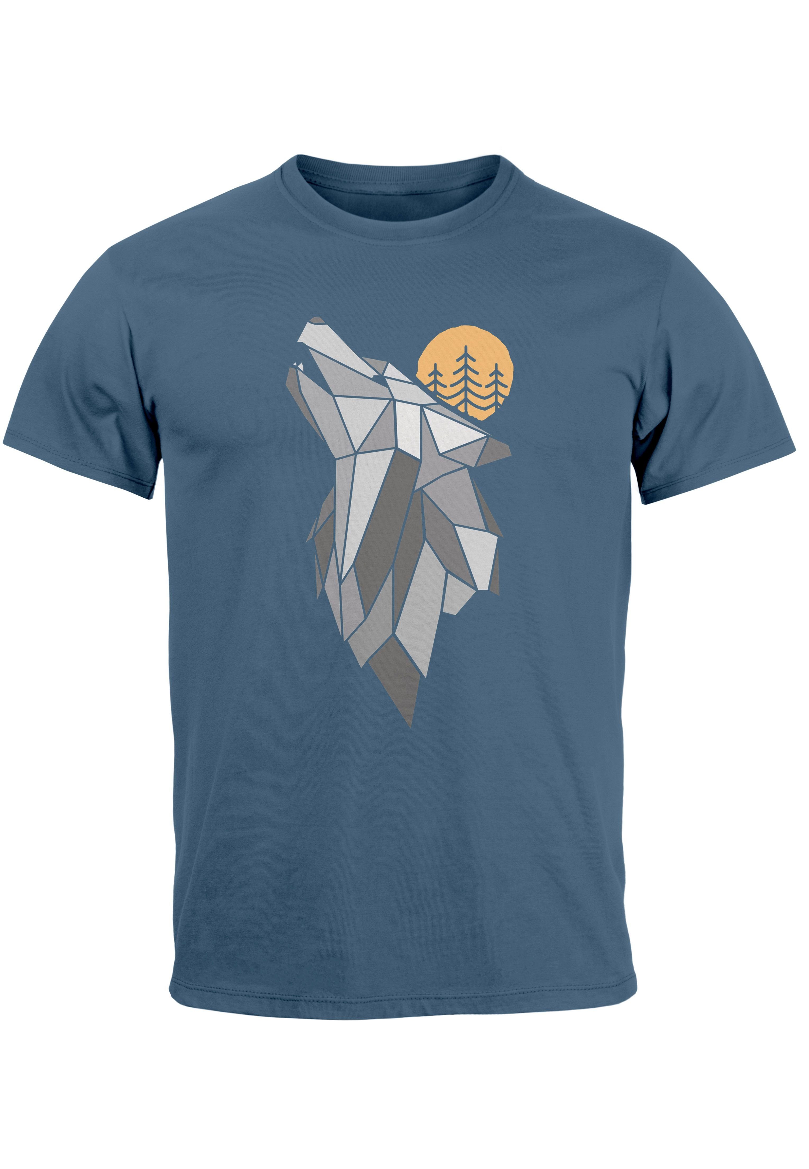 Print T-Shirt denim Aufdruck Wolf Wildnis blue Print-Shirt Wald Outdoor mit Natur Herren Fash Neverless Tiermotiv