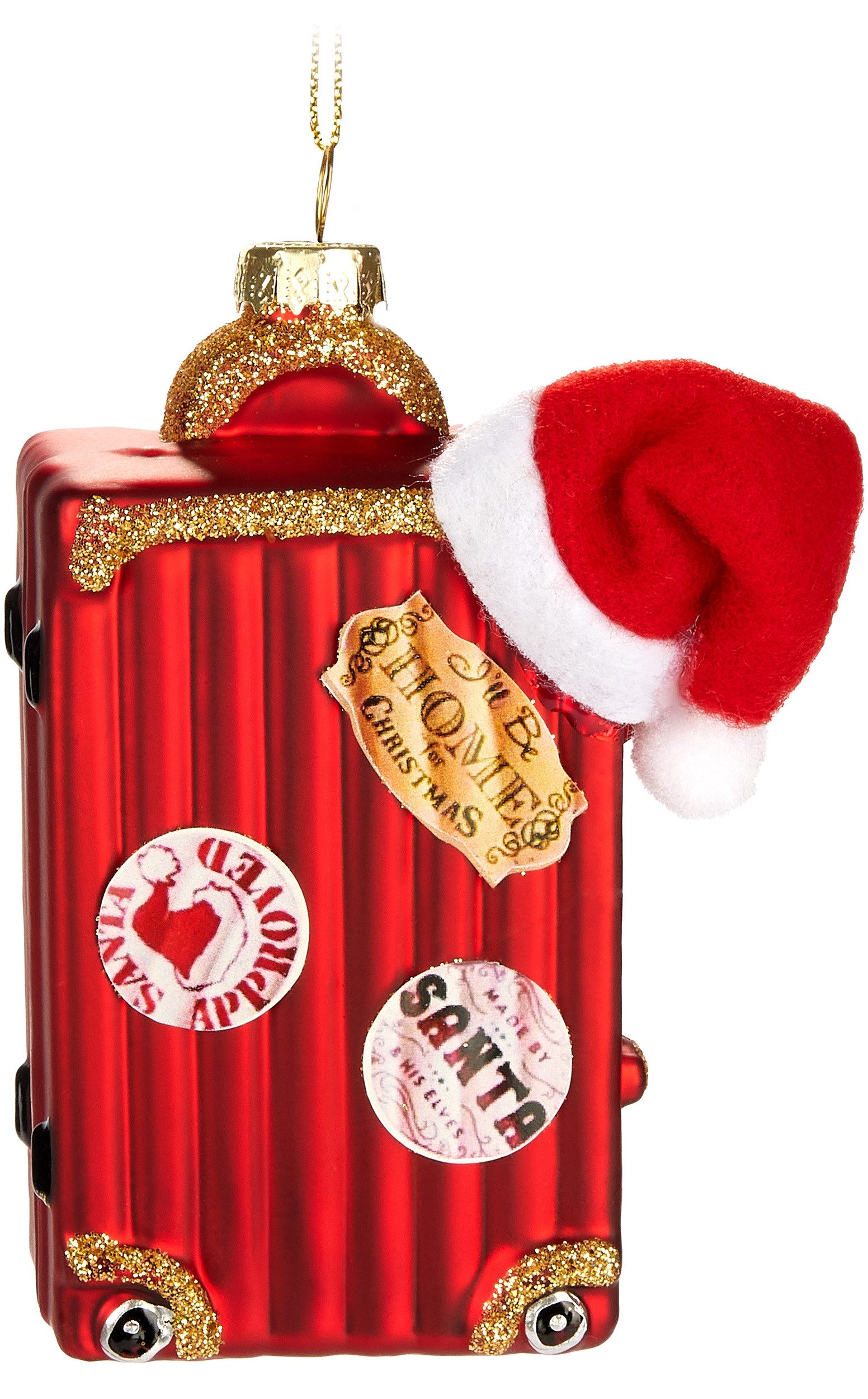 BRUBAKER Weihnachtsbaumkugel Koffer vom Weihnachtsmann - Handbemalte Weihnachtskugel aus Glas (1 St), - 12 cm Baumkugel Weihnachtskoffer Rot mit Weihnachtsmütze