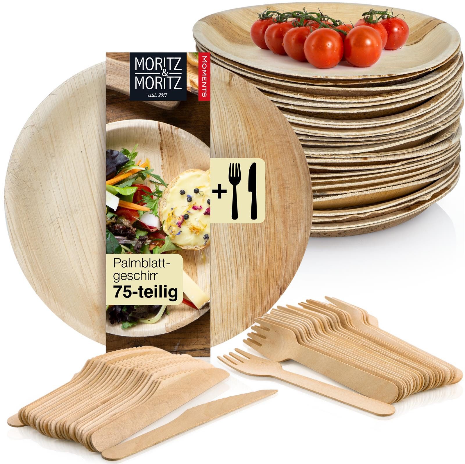 Moritz & Moritz Einweggeschirr-Set 75tlg Palmblatt Geschirr Rund 20cm (75-tlg), 25 Personen, Palmblatt, Birkenholz, Einweg