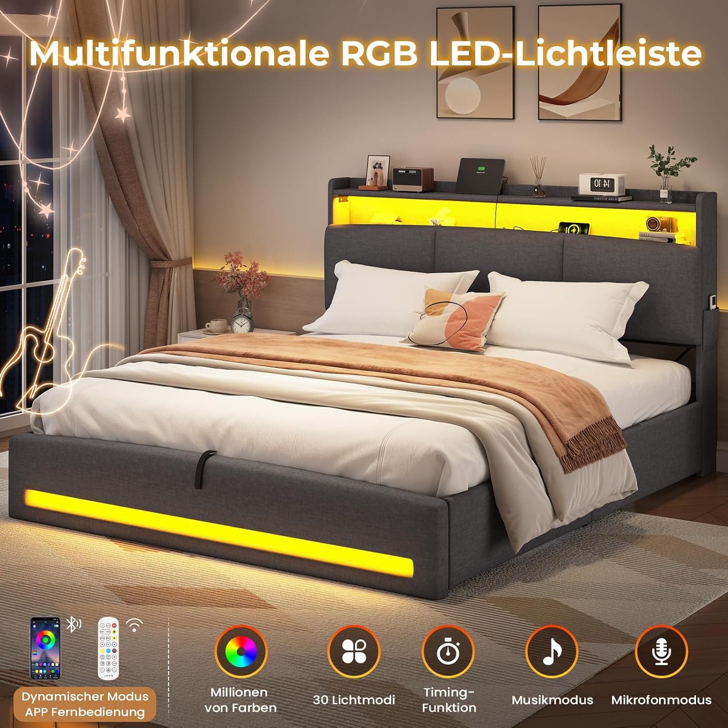 MSMASK Polsterbett mit Steckdosen und LED-Beleuchtung, Doppelbett mit Stauraum Kopfteil (1-tlg., Ohne Matratze), Hydraulik-Stauraumbett, Jugendbett 140x200cm – Bild 5 von 5