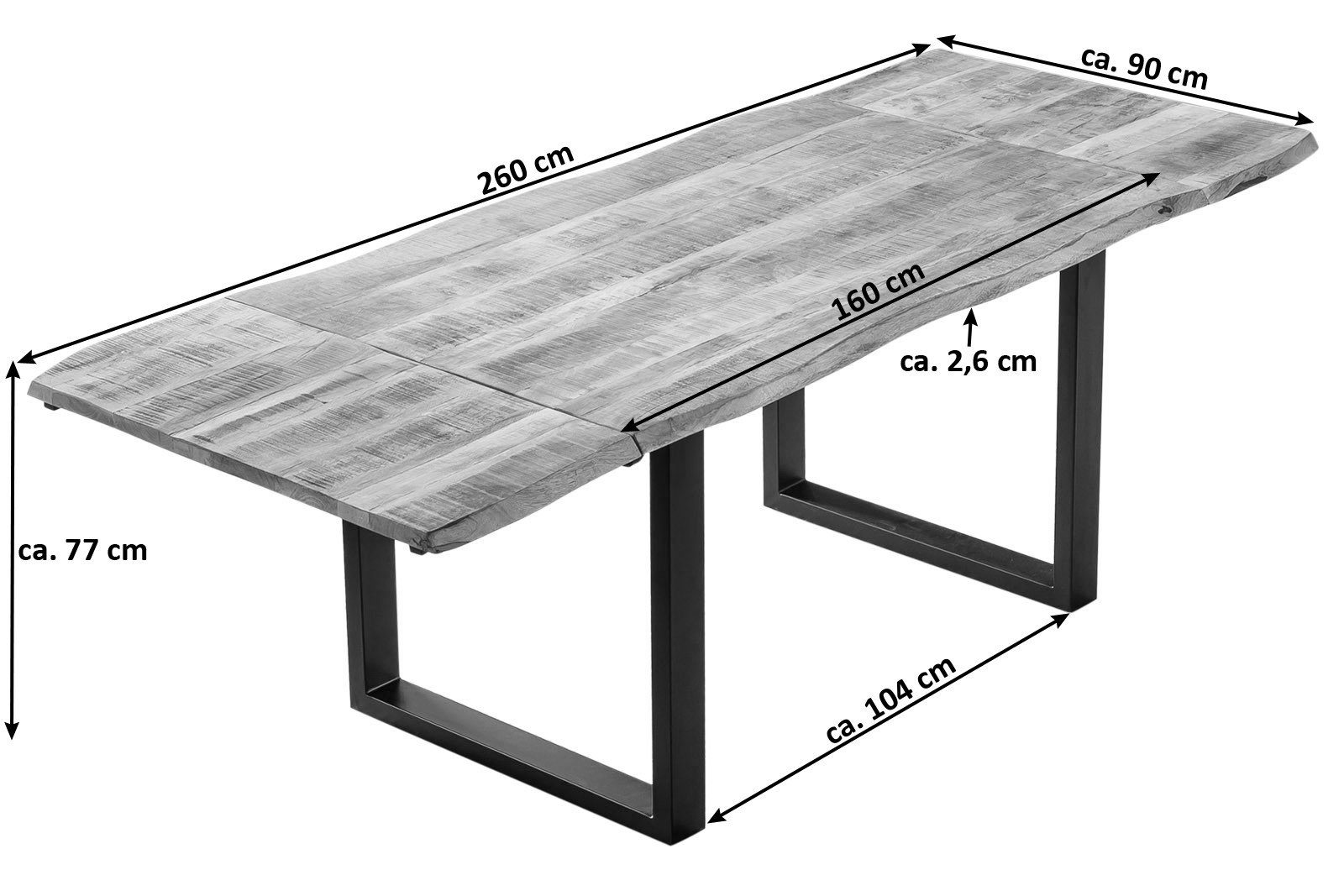 SAM® Baumkantentisch Jasova, massives Mangoholz, Baumkante, 2 Ansteckplatten, U-Gestell