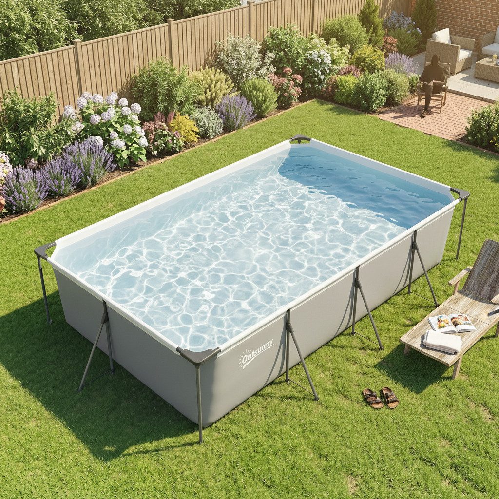 kowdom Framepool Rechteckiger Aufstellpool mit Stahlrahmen 394x208x80 cm 6075 L (Aufstellpool mit Metallrahmen, Aufbau zu zweit in ca. 30 Minuten, ohne Werkzeug), schneller Aufbau, werkzeuglos, platzsparend lagerbar
