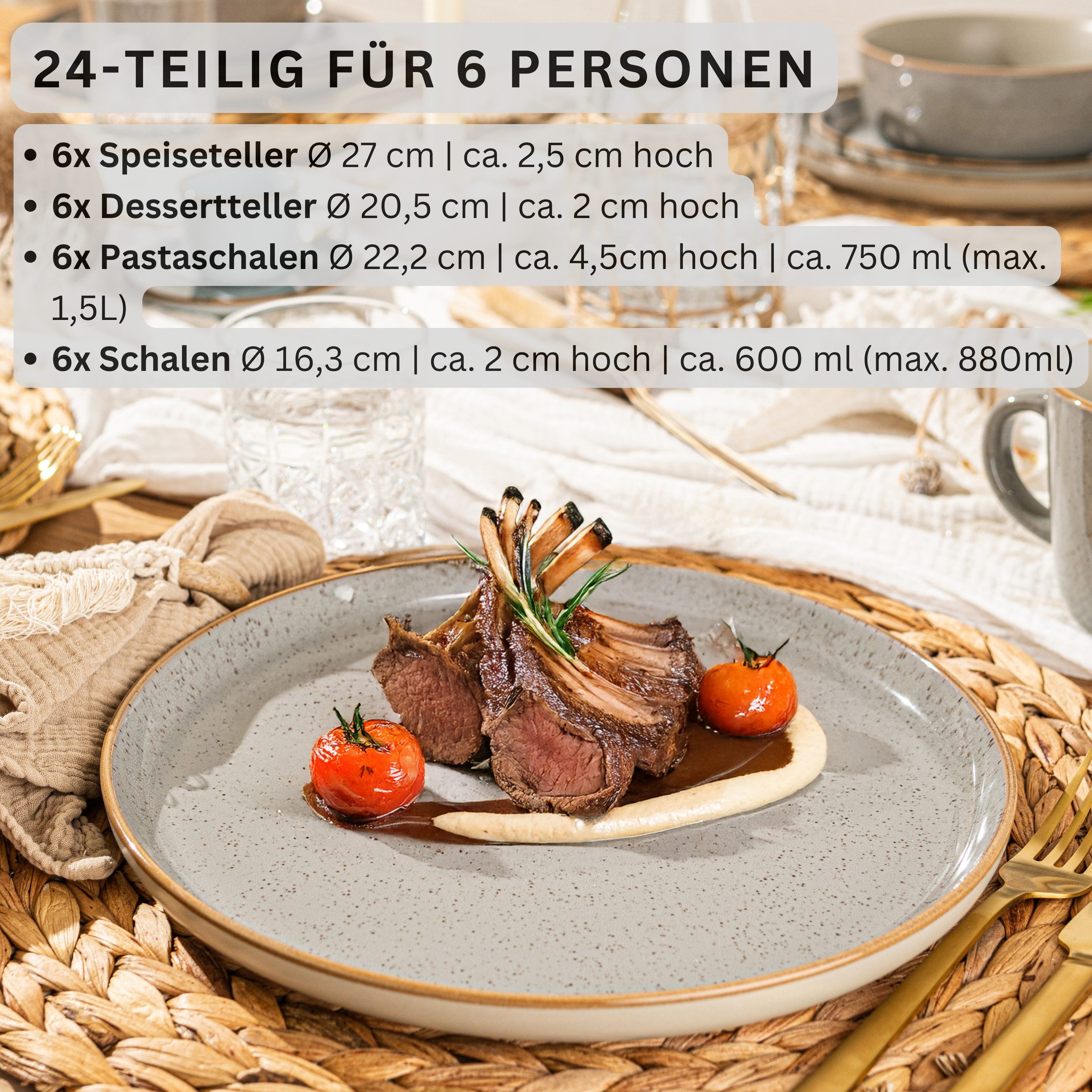 SÄNGER Tafelservice Rio Geschirrset (24-tlg), 6 Personen, Steingut, Handmade, Perlgrau, Erweiterbar, VALUE COLLECTION