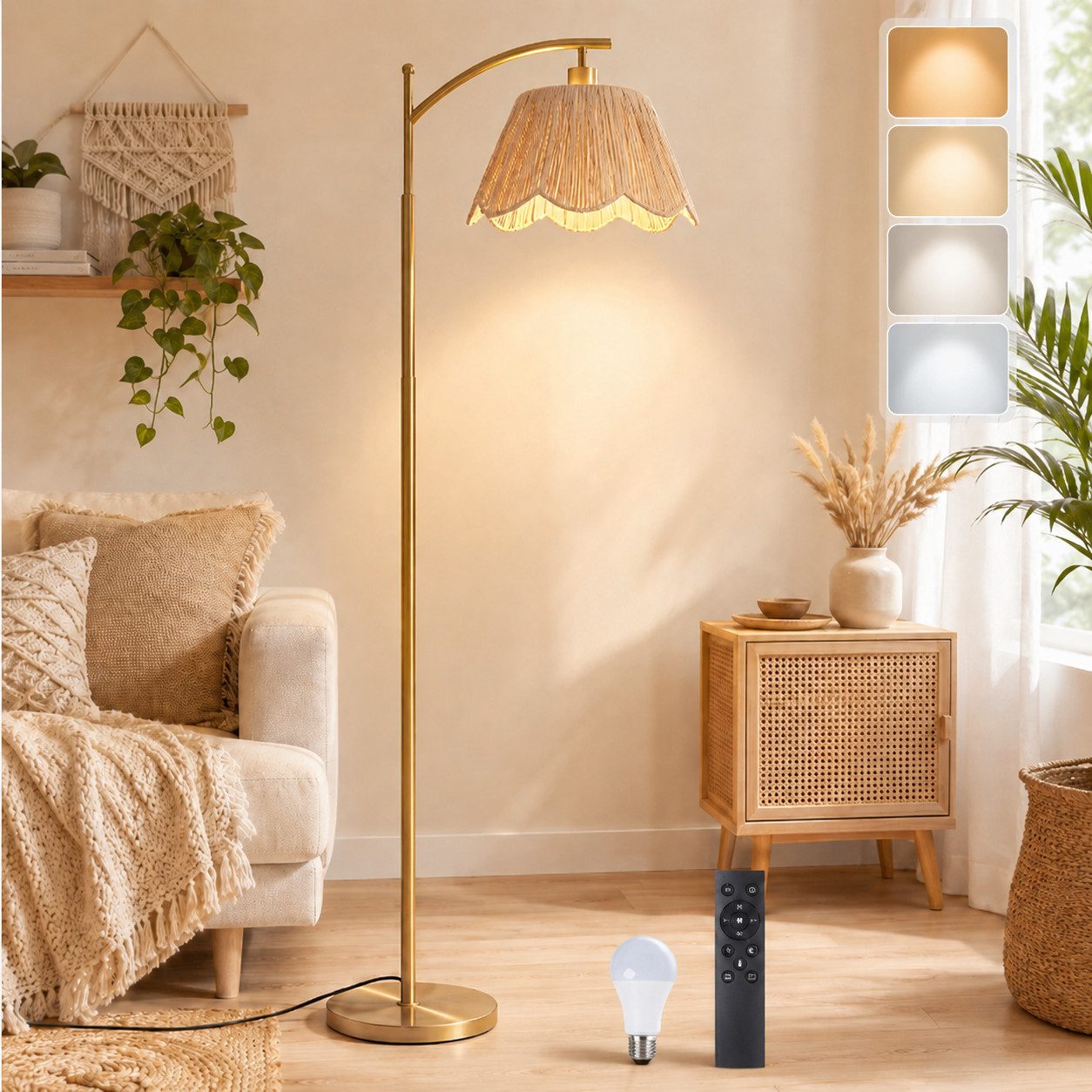Sunicol Stehlampe Boho Stehlampe wohnzimmer Dimmbar 4 Farbtemperatur mit Fernbedienung, Mit LED-Glühbirne Marmorsockel Stehleuchte für Schlafzimmer Büro