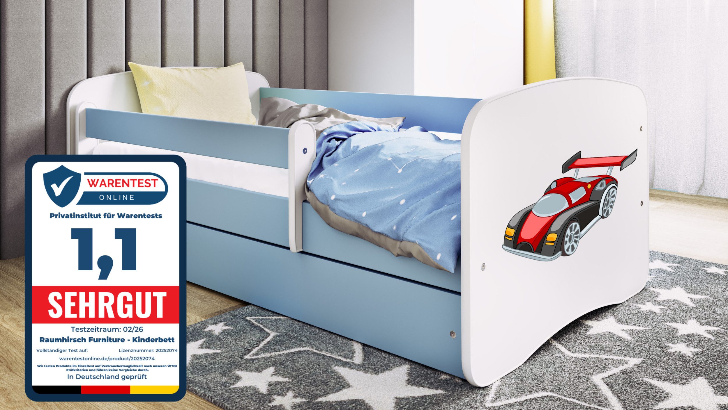 Raumhirsch Furniture Kinderbett 70x140, 80x160, 80x180 cm - Komplettset mit Matratze & Schublade (Bett für Mädchen, Einzelbett für Kinder von 2-12 Jahren, Rausfallschutz und Lattenrost), verschiedene Farben & Designs