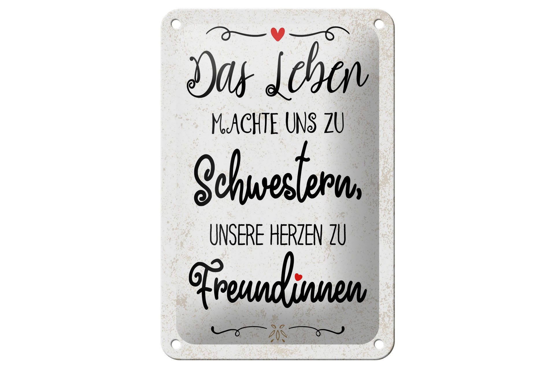 Femer GmbH Metallschild Spruch 12x18 cm Schwestern unsere Herzen machen uns zu Freundinnen, (1 St), gewölbte Oberfläche, abgerundete Ecken, umgeschlagene Kanten