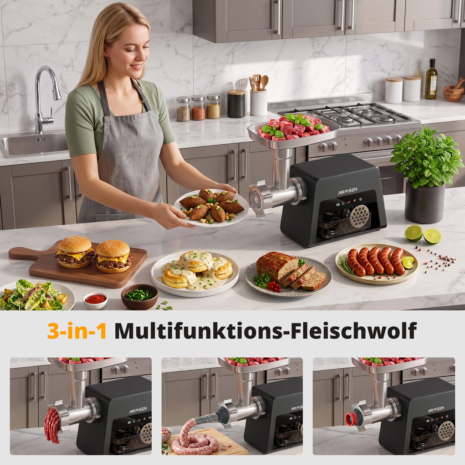Airmsen Fleischwolf Elektrischer Fleischwolf 3-in-1 Gemüseschneider Wurstfüller, 2500 W, Leiser Betrieb,Touch-Bedienfeld,Überhitzungsschutz,Aufbewahrungsbox